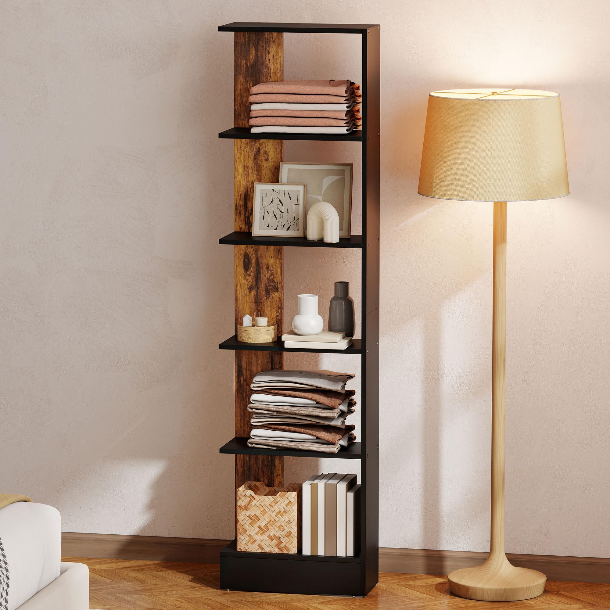 HOMCOM Mobiletto Scaffale Stretto a 5 Ripiani, Scaffale Portaoggetti Salvaspazio Moderno in Legno, Libreria per Bagno, Soggiorno, Camera da Letto, Studio e Ufficio, 45x21x170 cm, Marrone Rustico