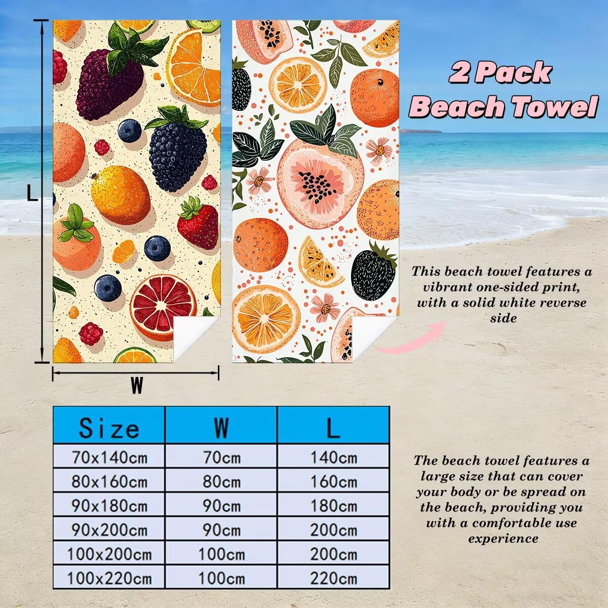 Ręcznik plażowy XXL, 100 x 200 cm, zestaw 2 szt., z mikrofibry, ręcznik plażowy, owoce, szybkoschnący, do sauny, fitness, bez piasku, ręcznik plażowy, do sauny, duży ręcznik kąpielowy, prezent dla