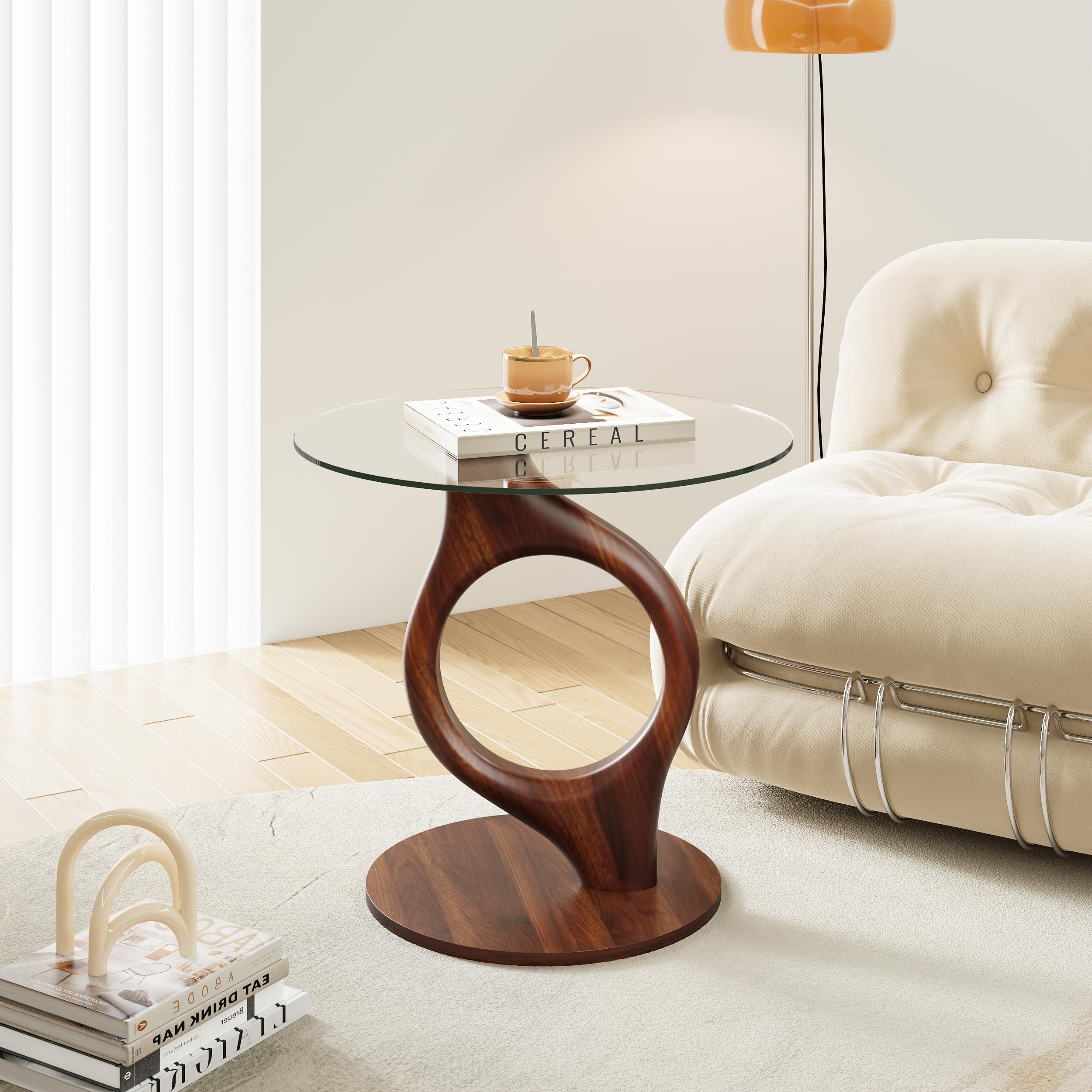 - Modern Glass Coffee Table, Mid Century Round Center Table with Tempered Glass-top and Sturdy Wood Base, Small Coffee Tea Tables for Living Room Home Reception Office Tables(27.5'' Walnut-Clear Glass)
