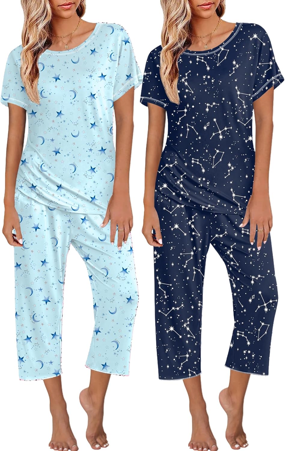 Ekouaer 2 Pack: Womens Pajamas Short Sleeve Sleepwear Tops and Capri Pants Pjs Print Pajama Sets