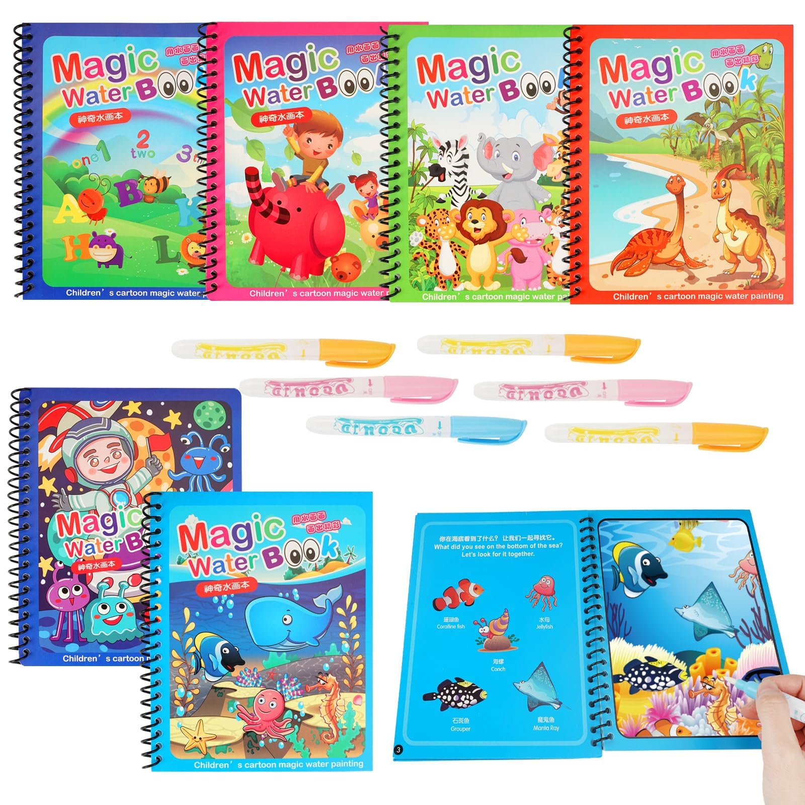 6 Pieces Magic Water Colouring Book,Reusable Water Painting Books for Kids