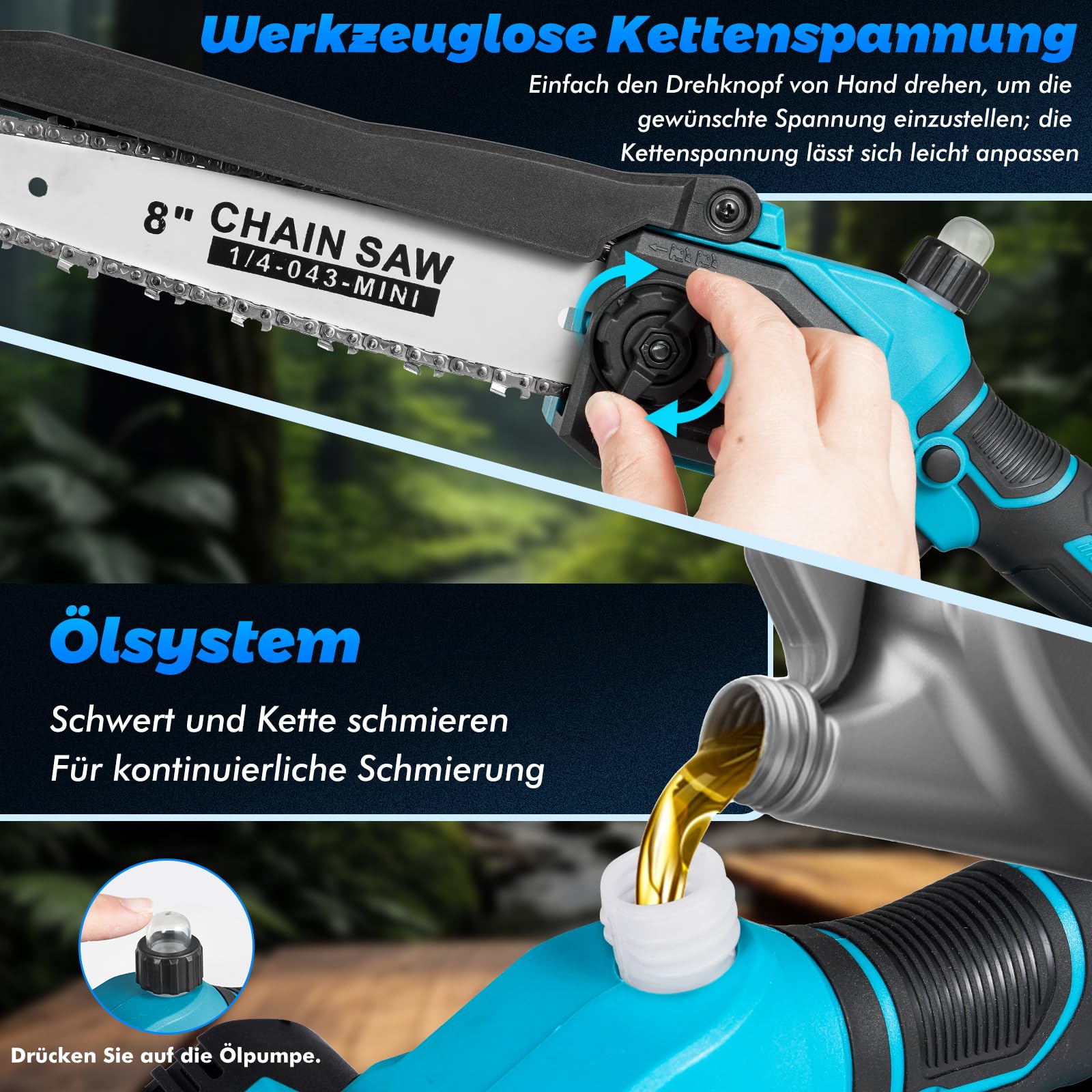 2-in-1 Akku Hochentaster 8-Zoll Mini-Kettensäge, Bürstenloser Motor, 2 x 3000 mAh Batterien, drei einstellbaren Höhen für Baumschnitt