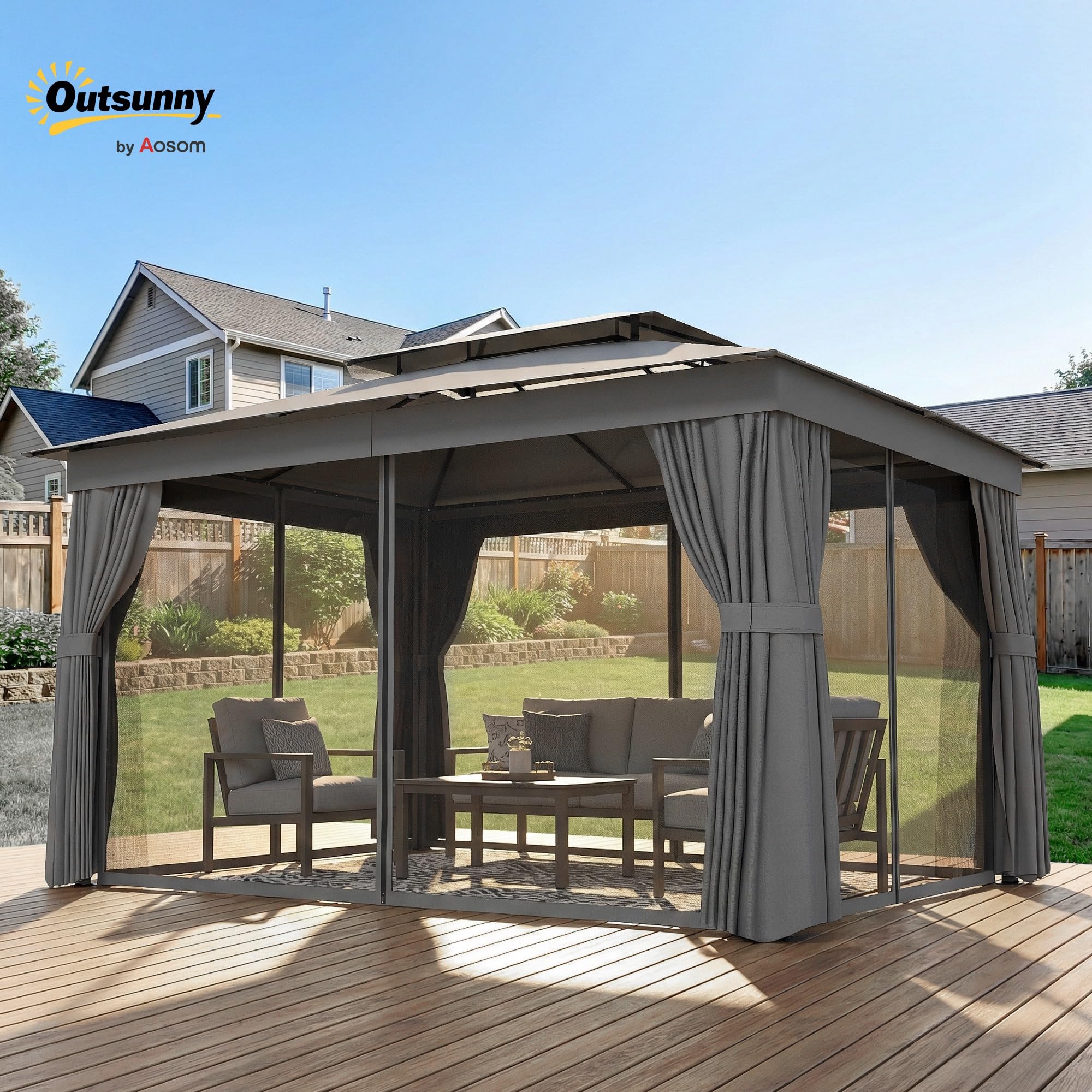 Outsunny Gazebo da Giardino 3.8x3 m con Tende e Zanzariera Grigio Scuro | Ganci, Doppio Tetto con Fori di Drenaggio, Struttura Metallica, per Feste Terrazzo Patio Giardino, UV30+