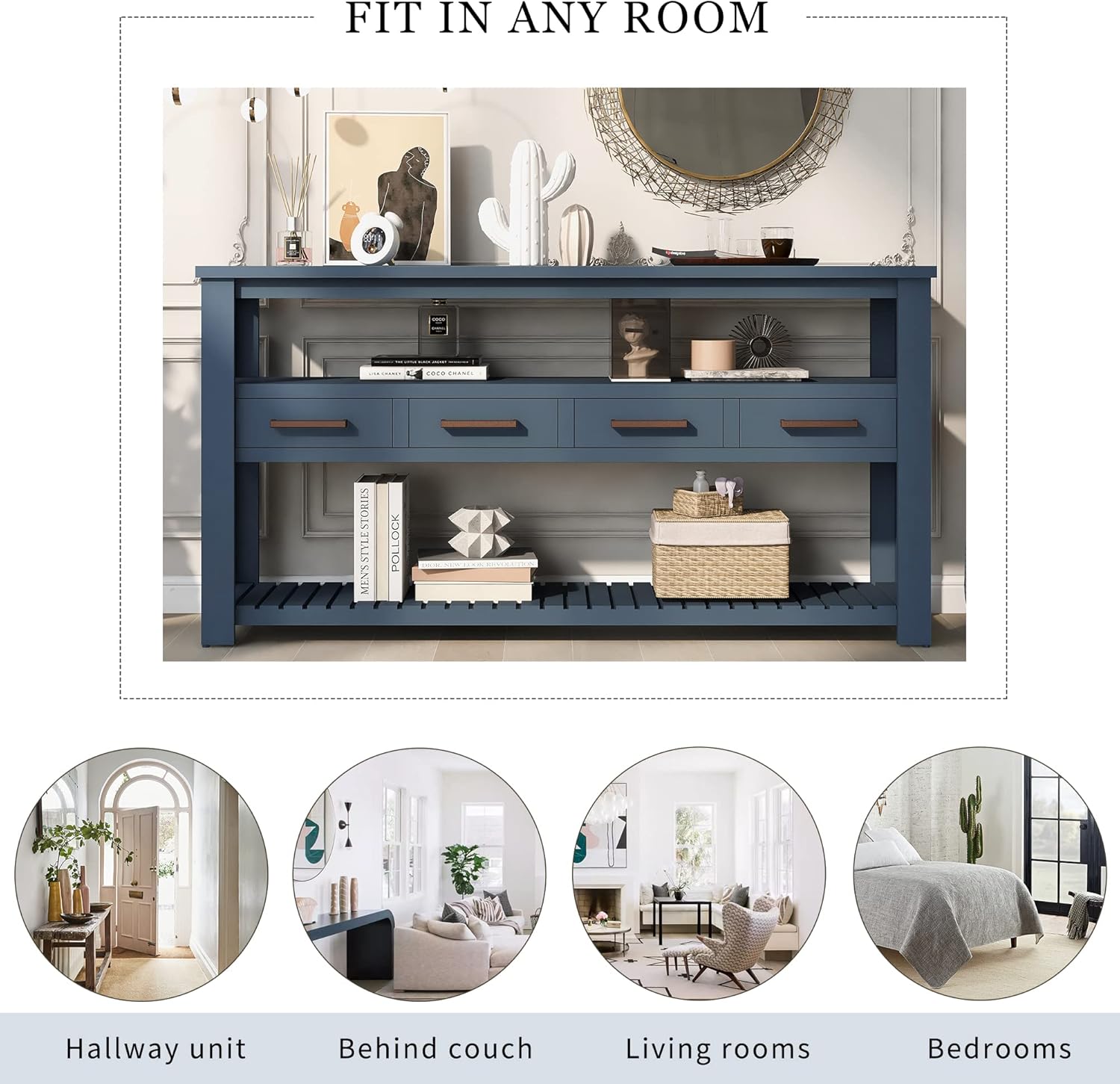 Merax Wood Narrow Console Table with Drawers and Bottom Shelf for Entryway Hallway Front Door Table Navy Blue
