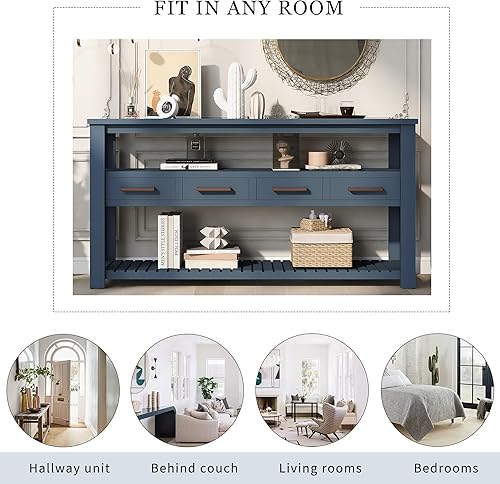 Miniatura 138 de Mesa consola de madera maciza de 48 pulgadas, mesa auxiliar moderna para sofá de entrada con 3 cajones de almacenamiento y 2 estantes. Fácil de