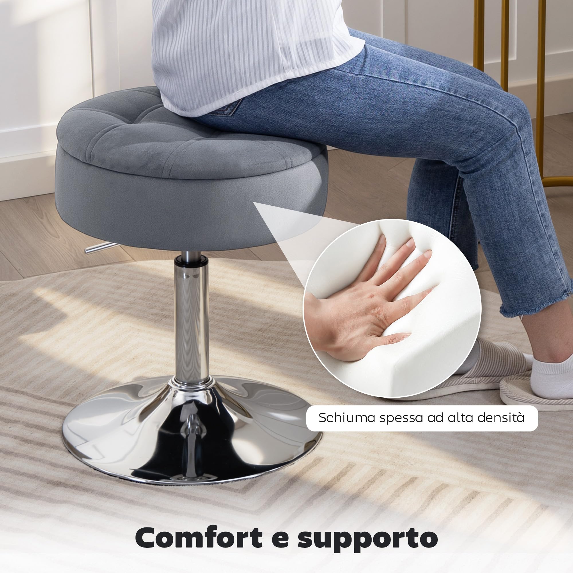 HOMCOM Sgabello da Bar con Altezza Regolabile e Vano Contenitore, Grigio