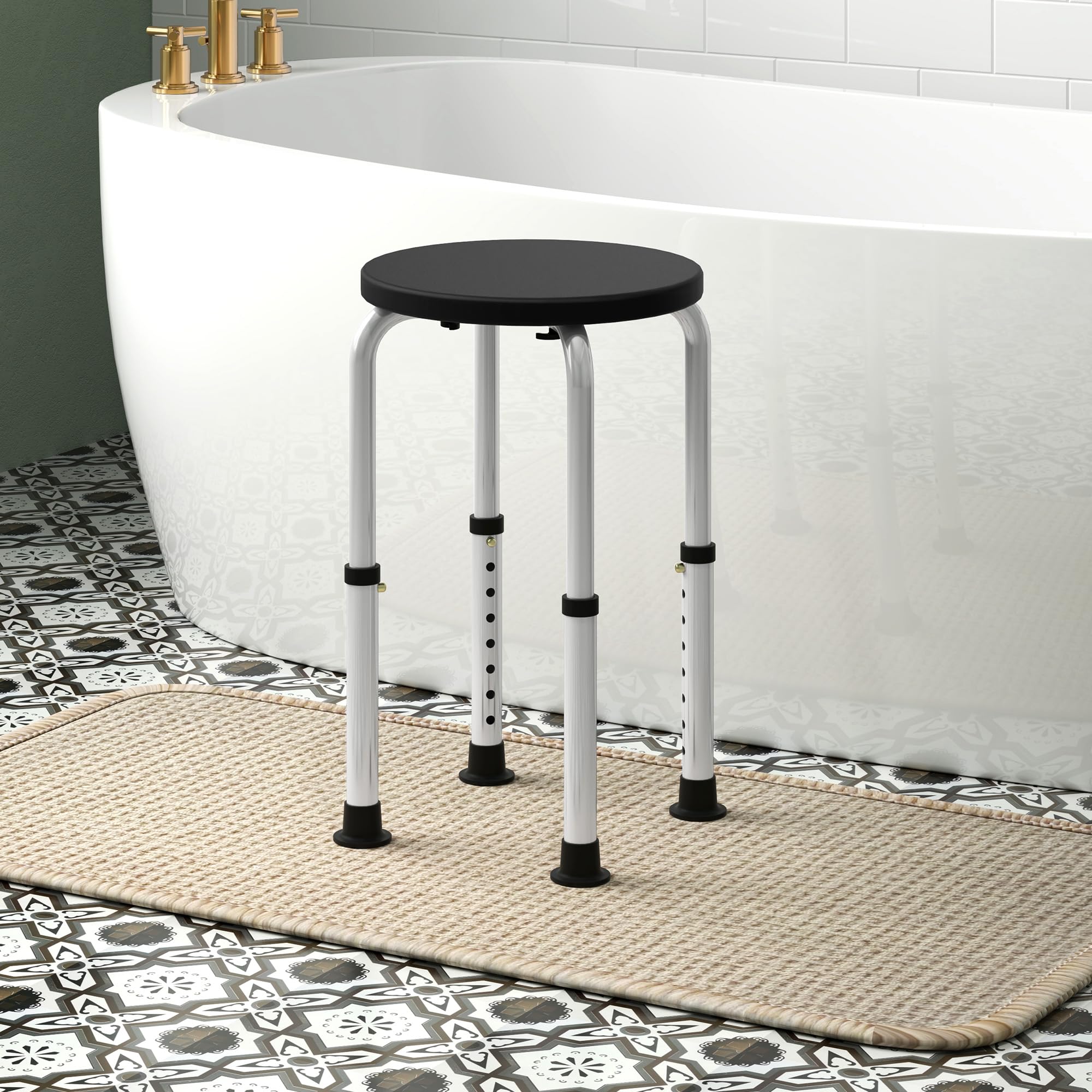 HOMCOM Sgabello da Doccia Girevole a 360° con Piedini Antiscivolo e Regolabile in Altezza su 8 Livelli, Sgabello per Doccia in Alluminio e PE, 32.5x41x35.5-54 cm, Nero