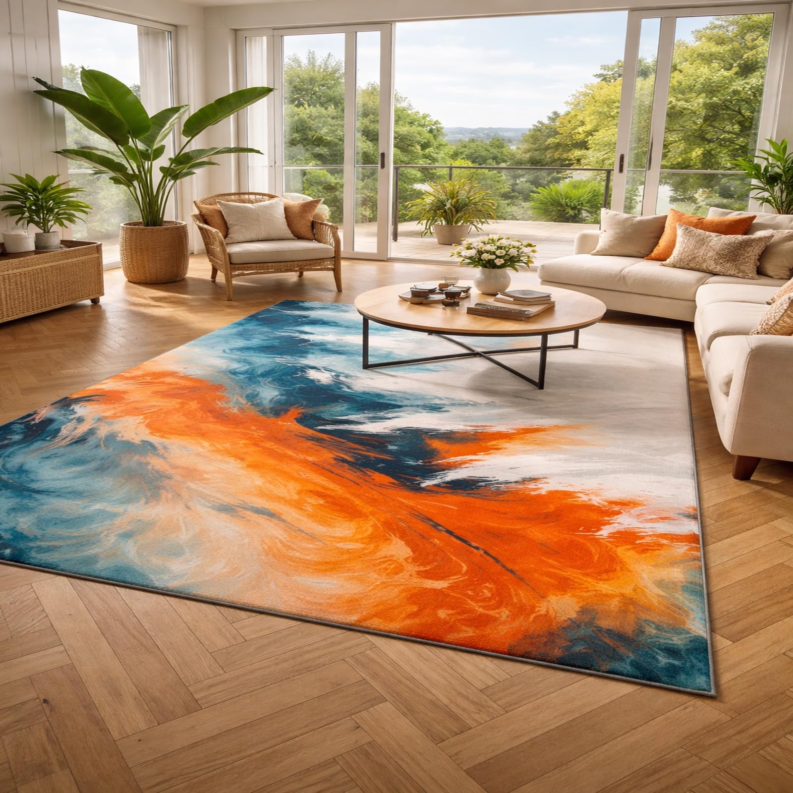 Tapis de salon bleu et orange pour réveiller la décoration de votre salle de séjour