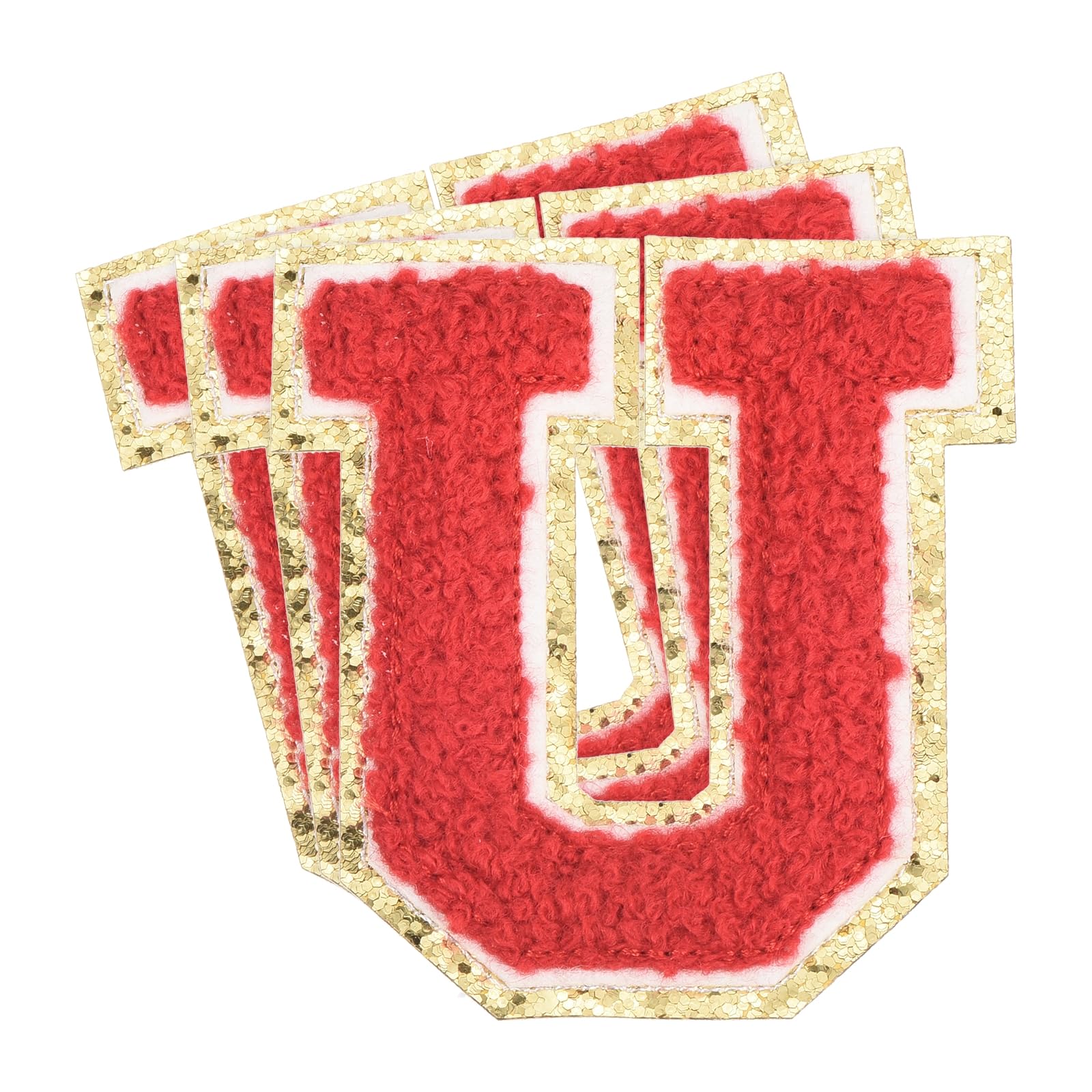 sourcing map 3Pcs Chenille Letters Patches Large Size 3.15"x2.83" Iron-on Letters U Golden Glitter Embroidered Patches for Clothing, Shoes, Hats, Backpacks (Red)