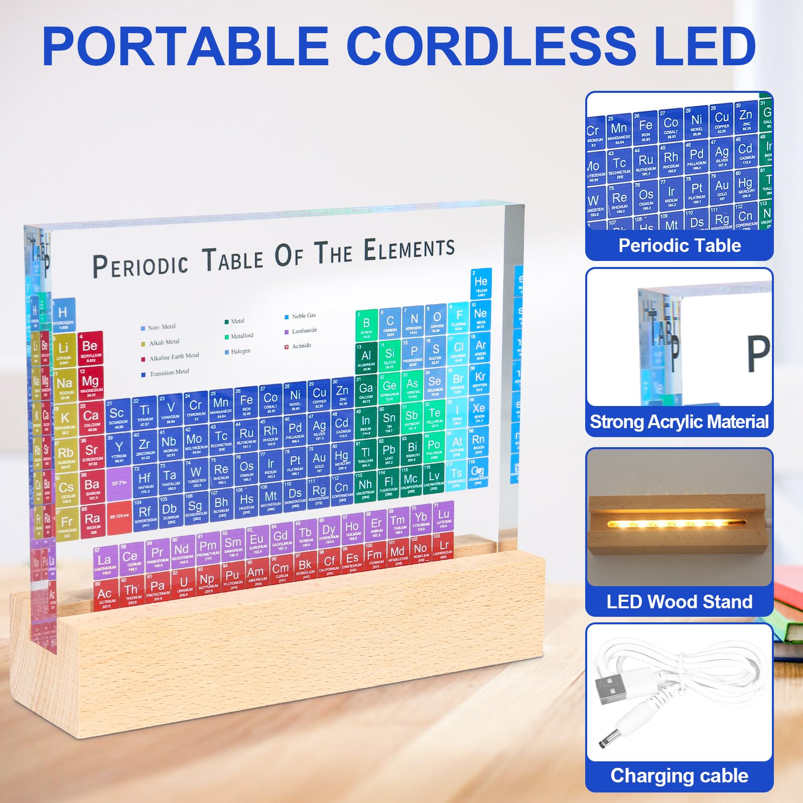 Acuxiaza Tavola periodica degli elementi: esposizione periodica da tavolo in acrilico con luci a LED colorate base, decorazione artigianale, strumento di insegnamento regalo per bambini