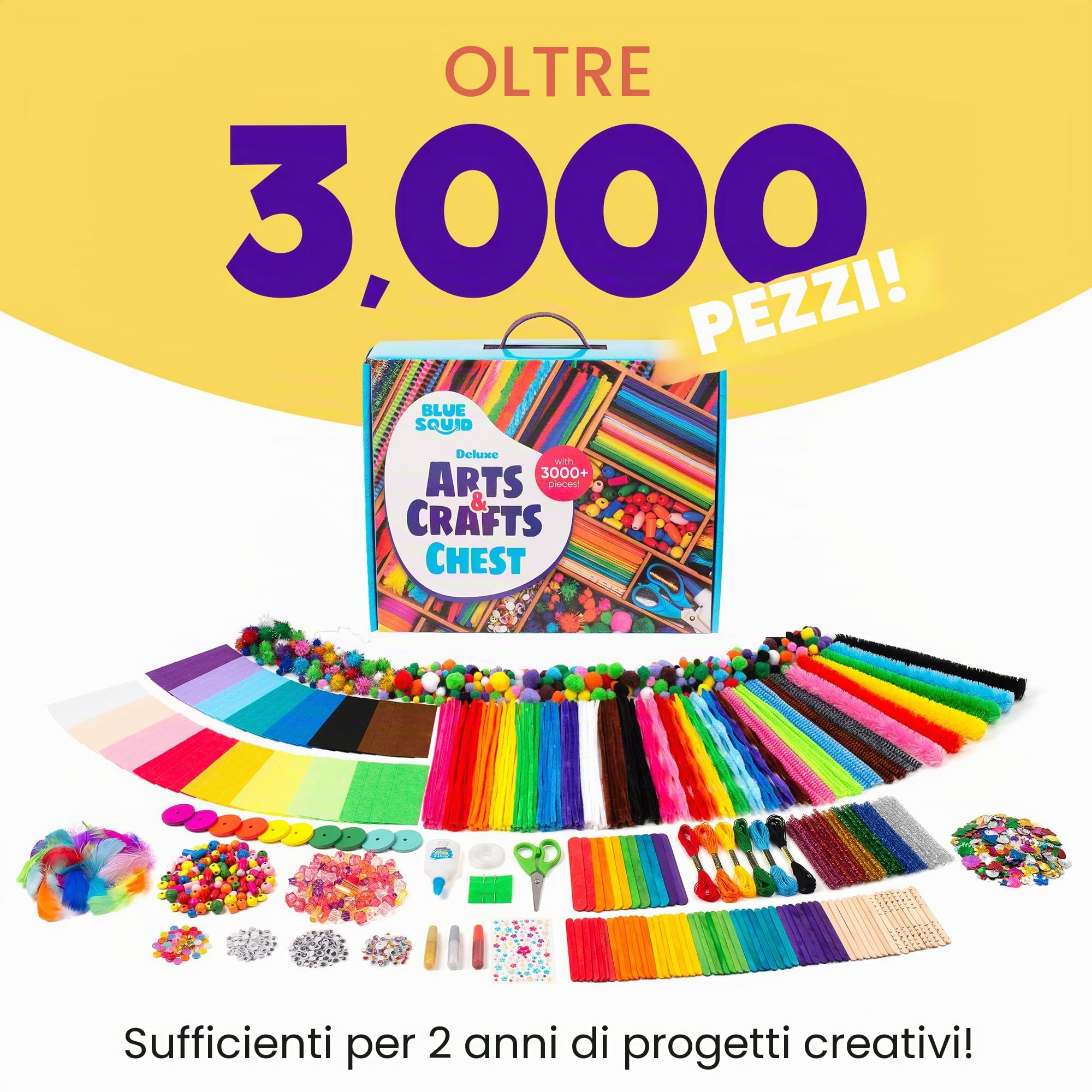Blue Squid Artigianato – 3000 pezzi Deluxe Craft Supplies Box con 2 cassetti, 18 scomparti, manico robusto, kit artistico scolastico per bambini, ragazze, ragazzi età 4 5 6 7 8 9 10 11 12