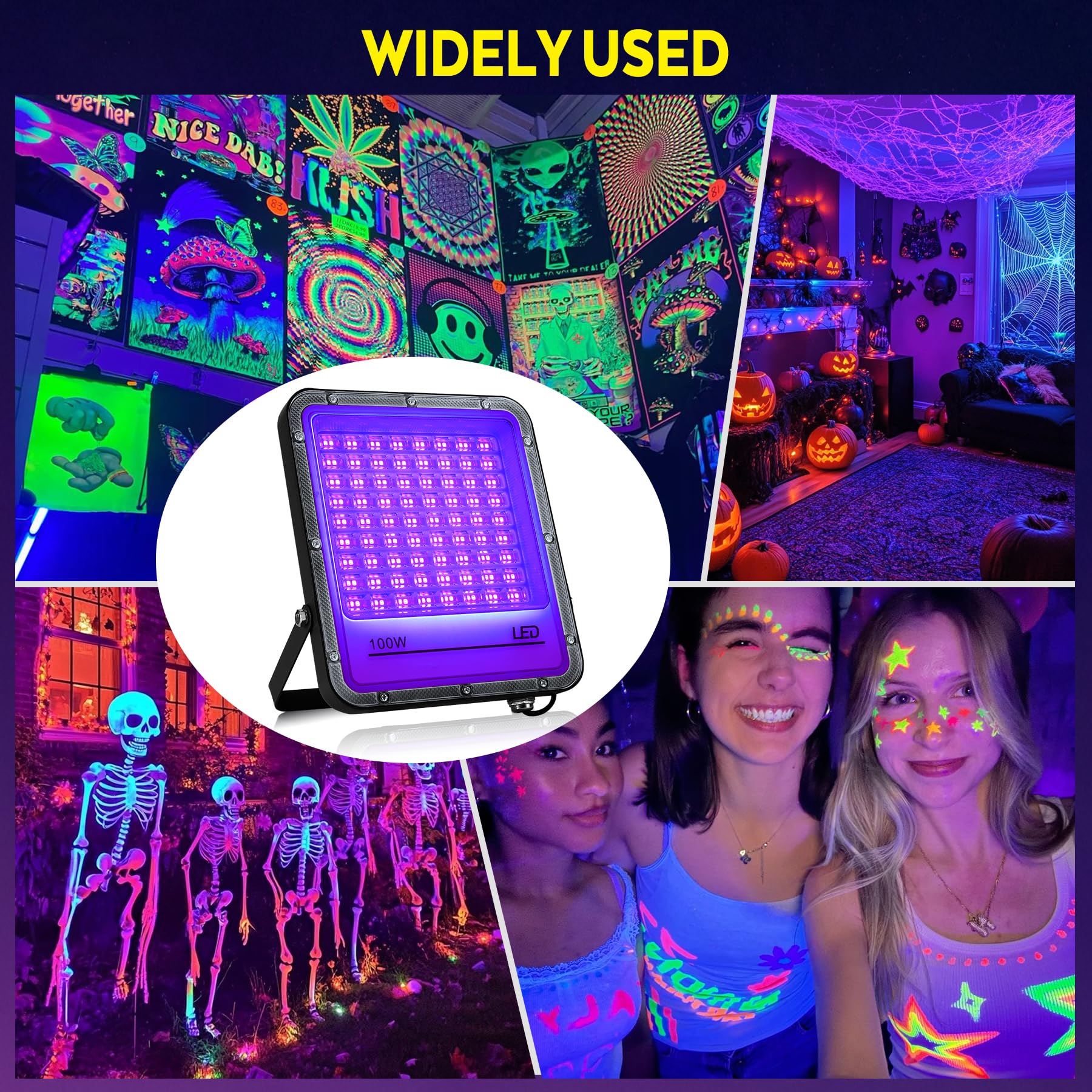 VAYALT 2 Pcs 100W UV Lumière Noire, IP65 Étanche, 395nm Lumière Noire Ultraviolet, pour Soiree Fluo Party, Body Painting, Disco, Bar, Aquarium, Halloween, Éclairage de Scène