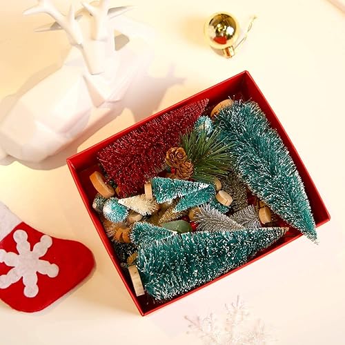 Miniatura 5 de Kubert 24 piezas de mini árboles artificiales de sisal de nieve con base de madera, cepillo para botella, árboles de plástico para invierno, adornos