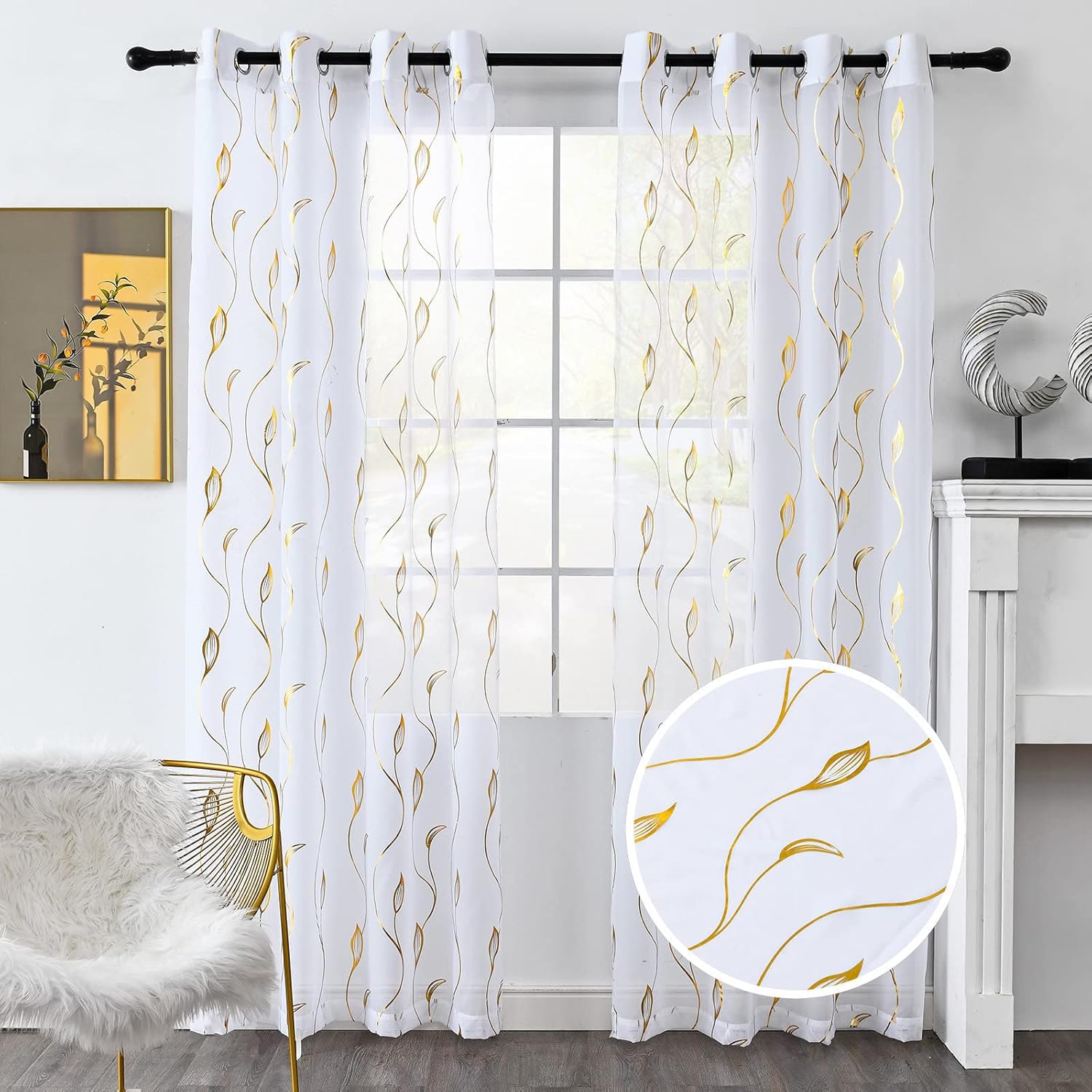 youleyar Gold Foil Print Voile Sheer Curtains,Wicker Grommet Top Window Drapes 72 Inches Long, Luxury Metallic Bronzing Treatment Panels for Home Window Decoration, 2 Panels