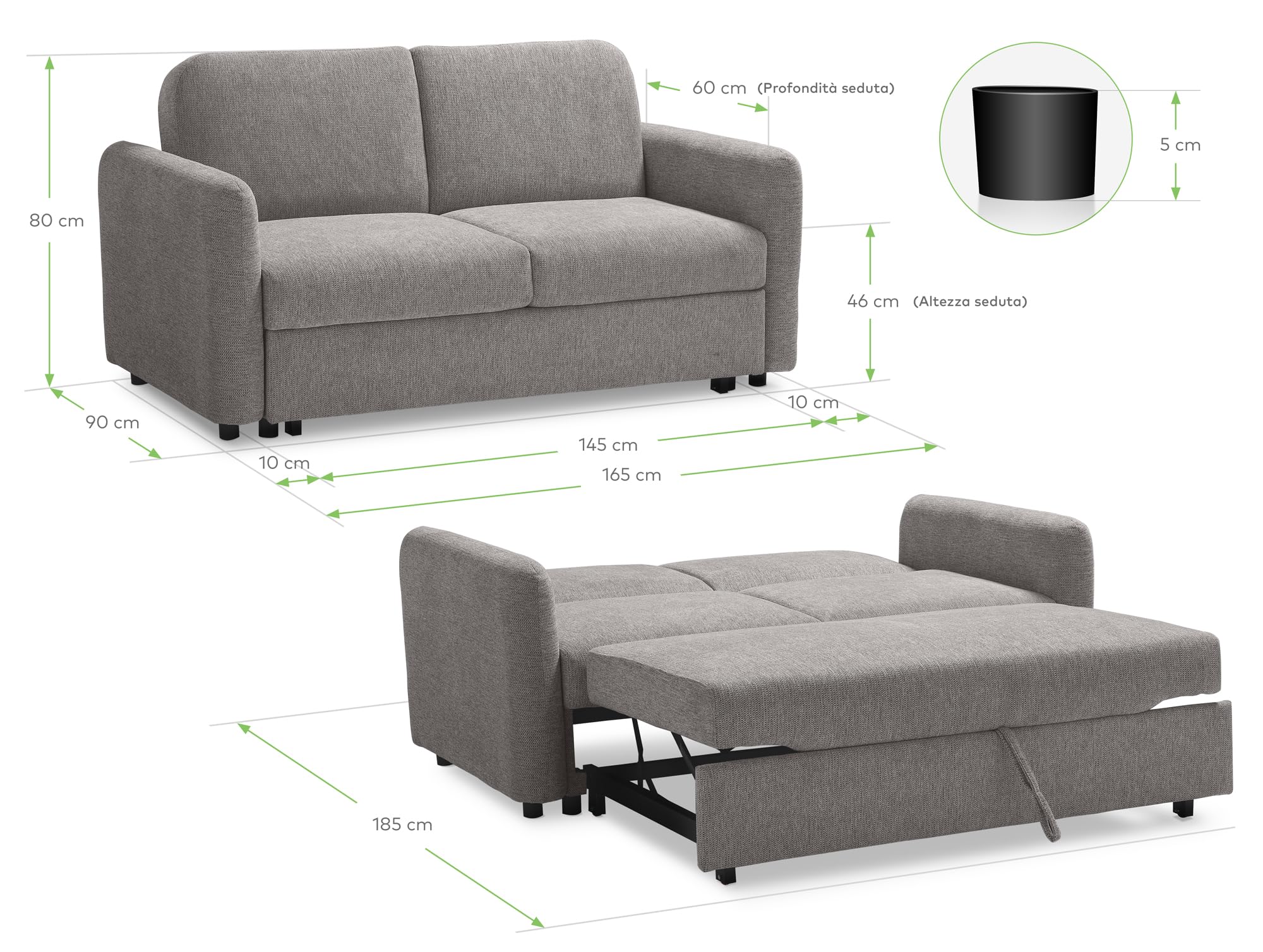EVERGREENWEB - Divano Letto 2 Posti Matrimoniale L165xP90xA80 cm Moderno Tessuto Beige, Schienale Reclinabile a Doppio Cuscino, Sofà con Chaise Longue Estraibile, Struttura Imbottita Pieghevole, NELLY