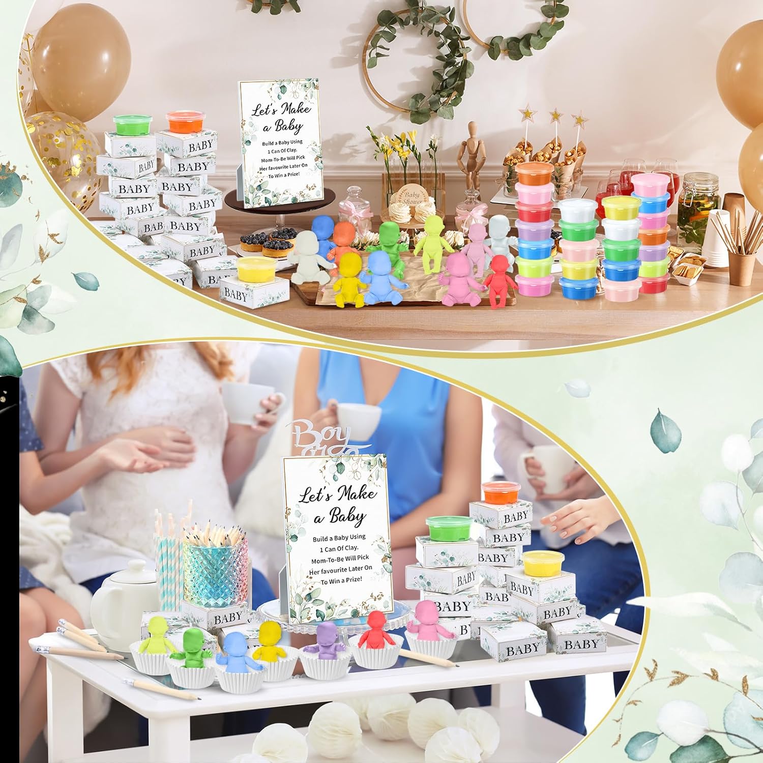 Blosssound 103 Pcs Eucalyptus Funny Baby Shower Games Decorations Let's Make a Baby Clay Game Sign Set 24 Clay 24 Pencils Shower Gender Reveal Game Activities Adults Boys Girls