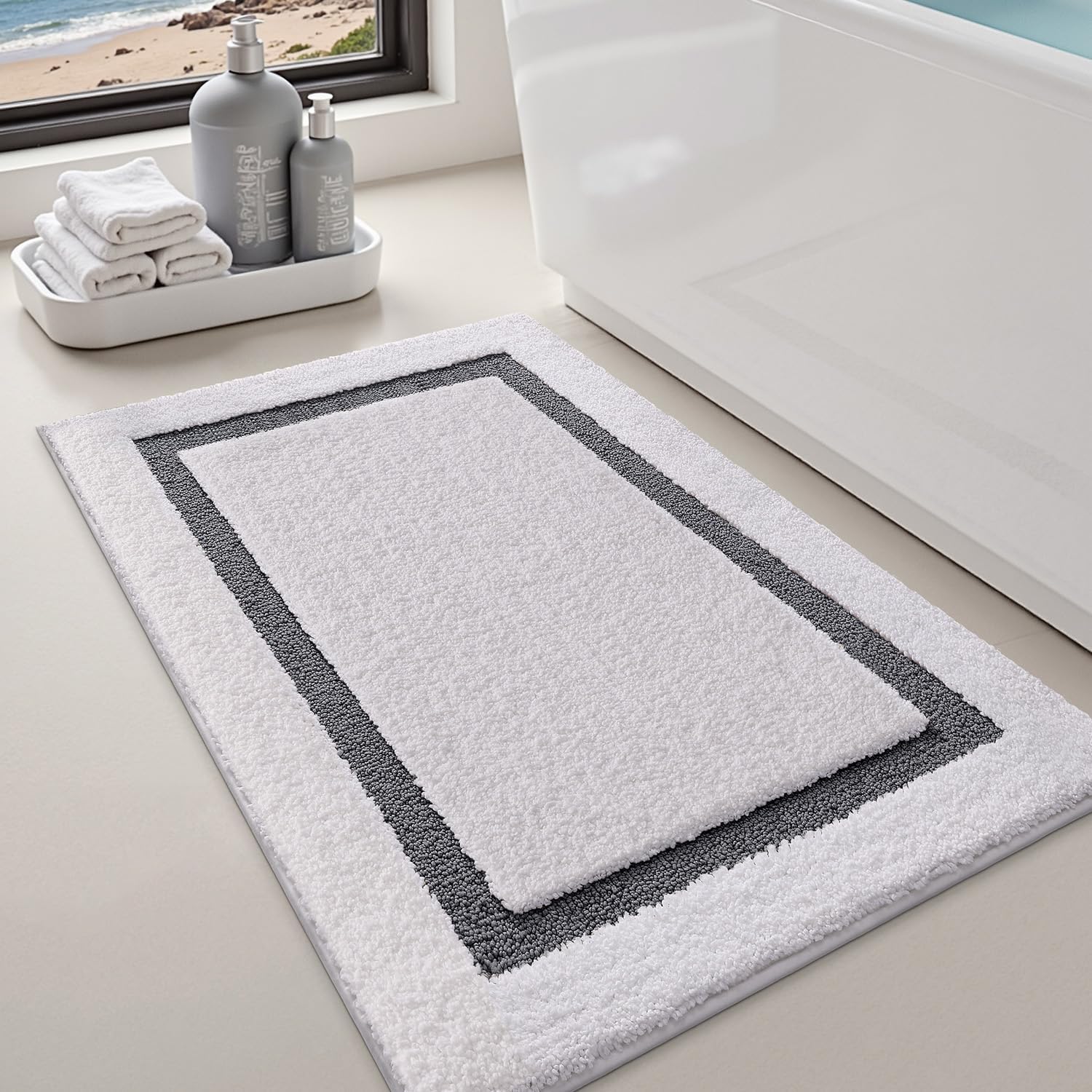 LUMI White Bath Mats for Bathroom, Non Slip Absorbent Soft Bath Rug, Fluffy Washable Classic Bathroom Rugs, Ideal for Floor, Shower Tub, Entryway, 24"x36", White and Grey