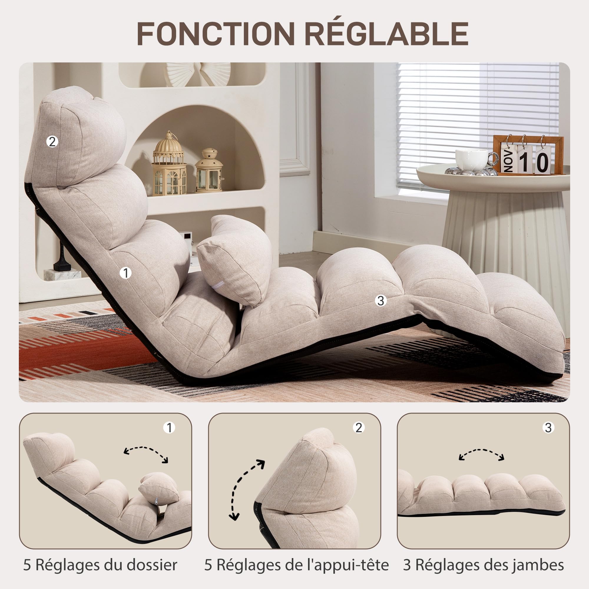 HOMCOM Canapé Paresseux chauffeuse 1 Place Fauteuil Convertible Fauteuil lit avec Dossier et Appui-tête réglables sur 5 Positions pour Salon Chambre et Bureau Charge 120 Kg 58x119x78cm Beige