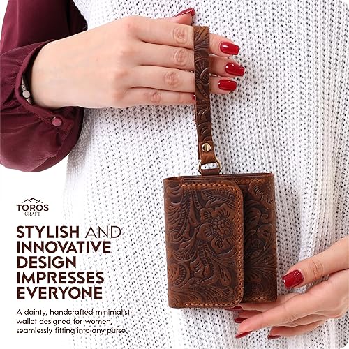 Miniatura 2 de Toros Craft Billeteras de pulsera hechas a mano para mujer, de cuero floral occidental, pequeño tarjetero con cremallera, bolsa minimalista y