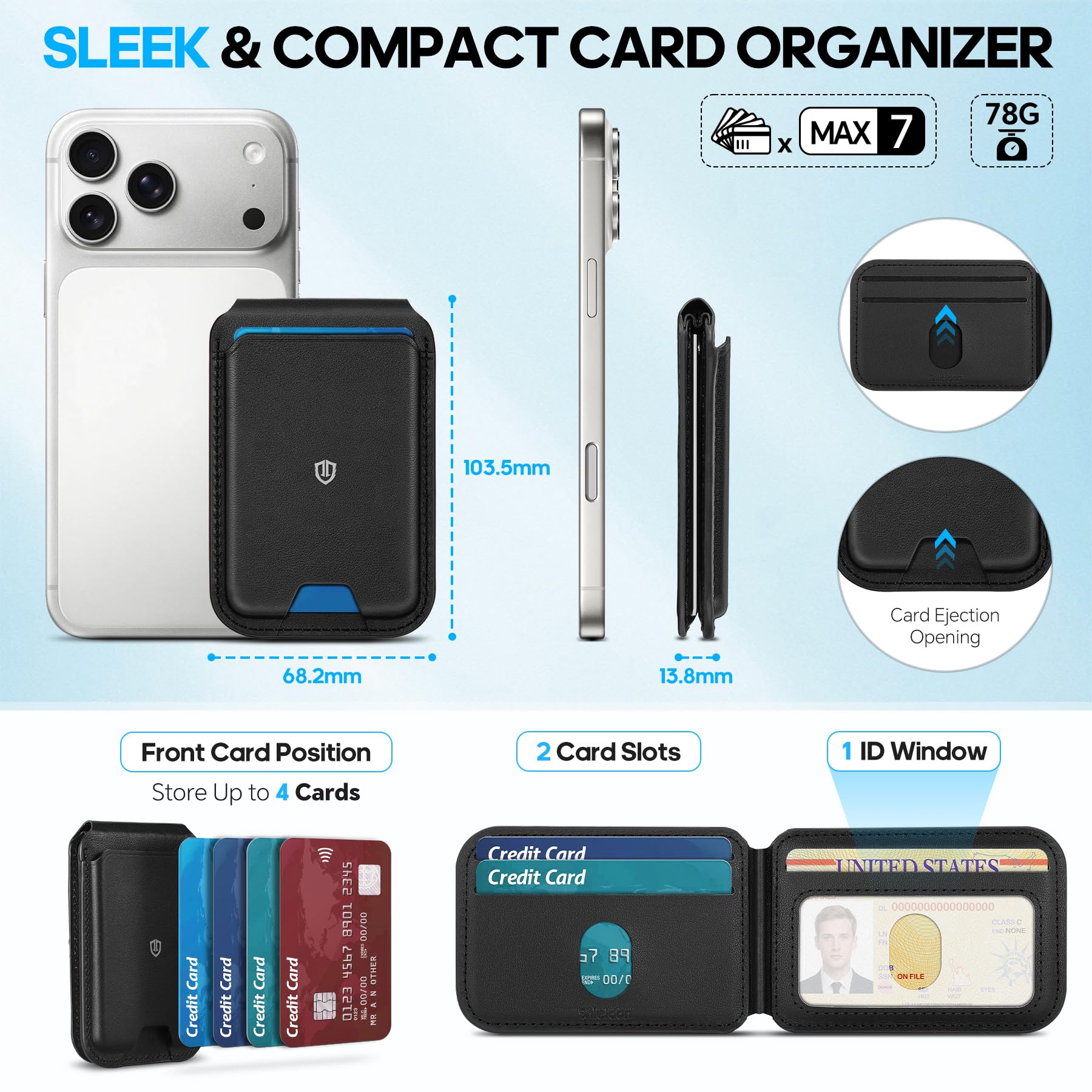 SHIELDON Portafoglio Magnetico per Magsafe, Porta Carte in Vera Pelle [Blocco RFID] [Supporto Regolabile] [Sportello ID] Porta carte Portafoglio per iPhone 17/16/15/14/13/12 Series, No per Mini - Nera