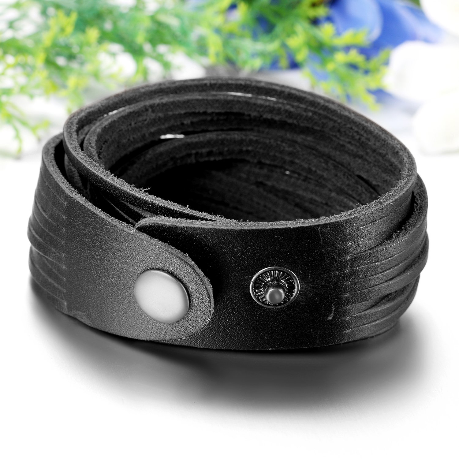 JewelryWe Biżuteria męska, szeroka skórzana bransoletka, punkowa, z zatrzaskiem, pleciona skórzana bransoletka, owijana, mankiet, regulowany rozmiar, kolor czarny/ brązowy, Skóra, Bez kamienia