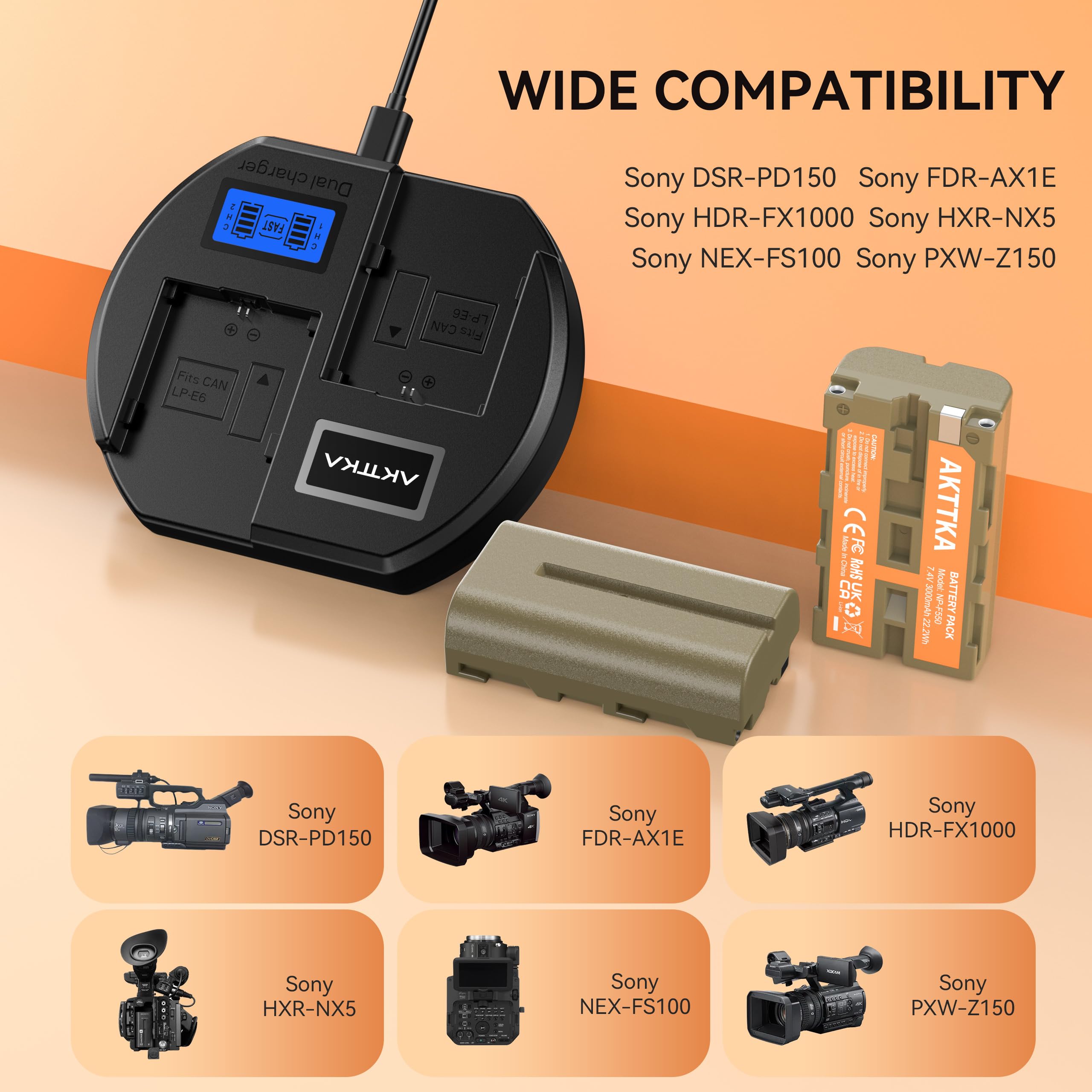 Batterie NP-F550 3000mAh Doppio Pack + Caricabatterie Rapido PD18W Doppio per Sony NP-F550/570/530/750/330, con Display LCD e Compatibilità DSLR/Mirrorless