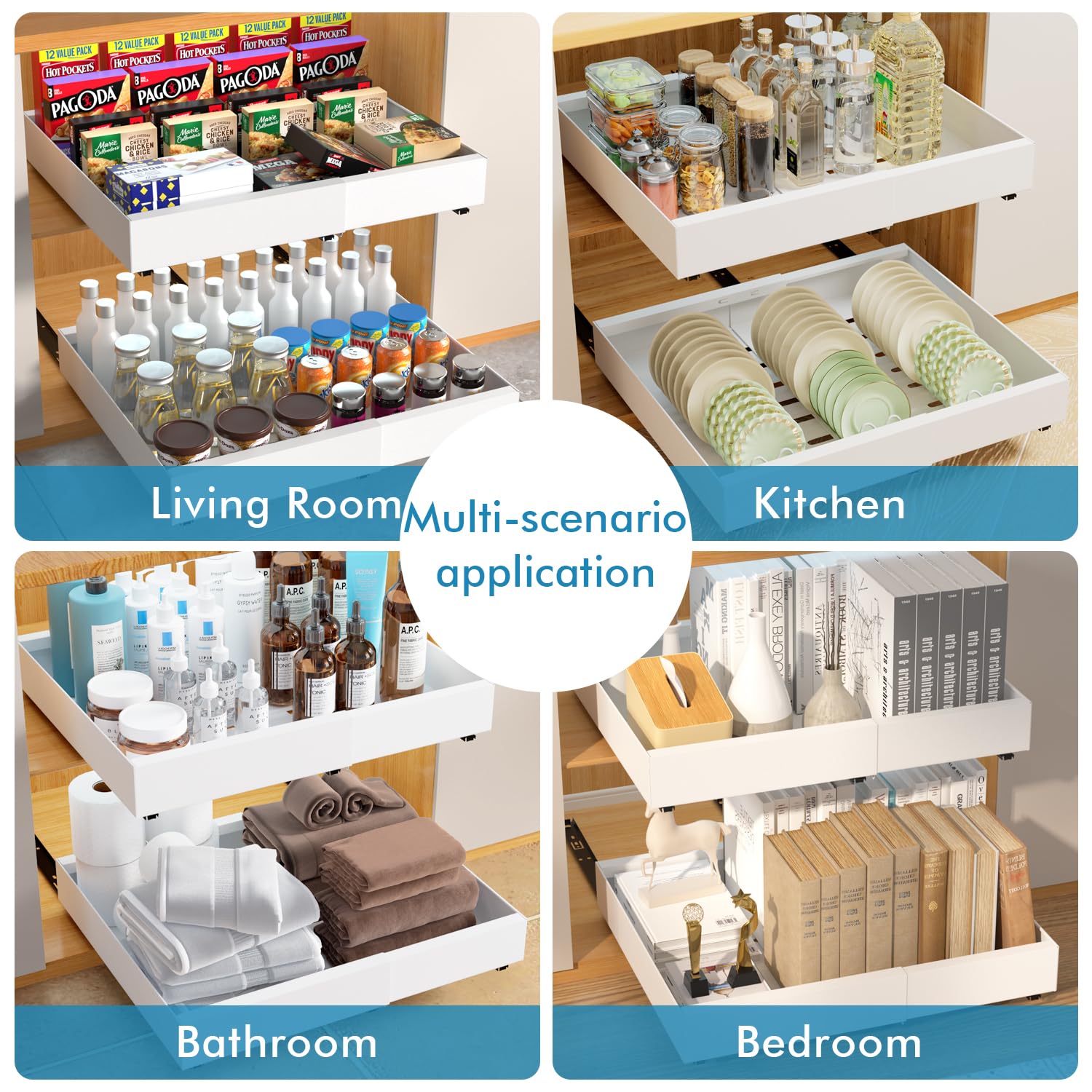 Arthome 2 Packungen Ausziehbar Teleskopschublade für Küche Lagerung,Ausziehbarer Schrank Organizer mit Selbstklebendem Nano-Film,Schrank Organizer Ausziehbar 32-52CM B x 42CM T x 7.5CM H,weiß