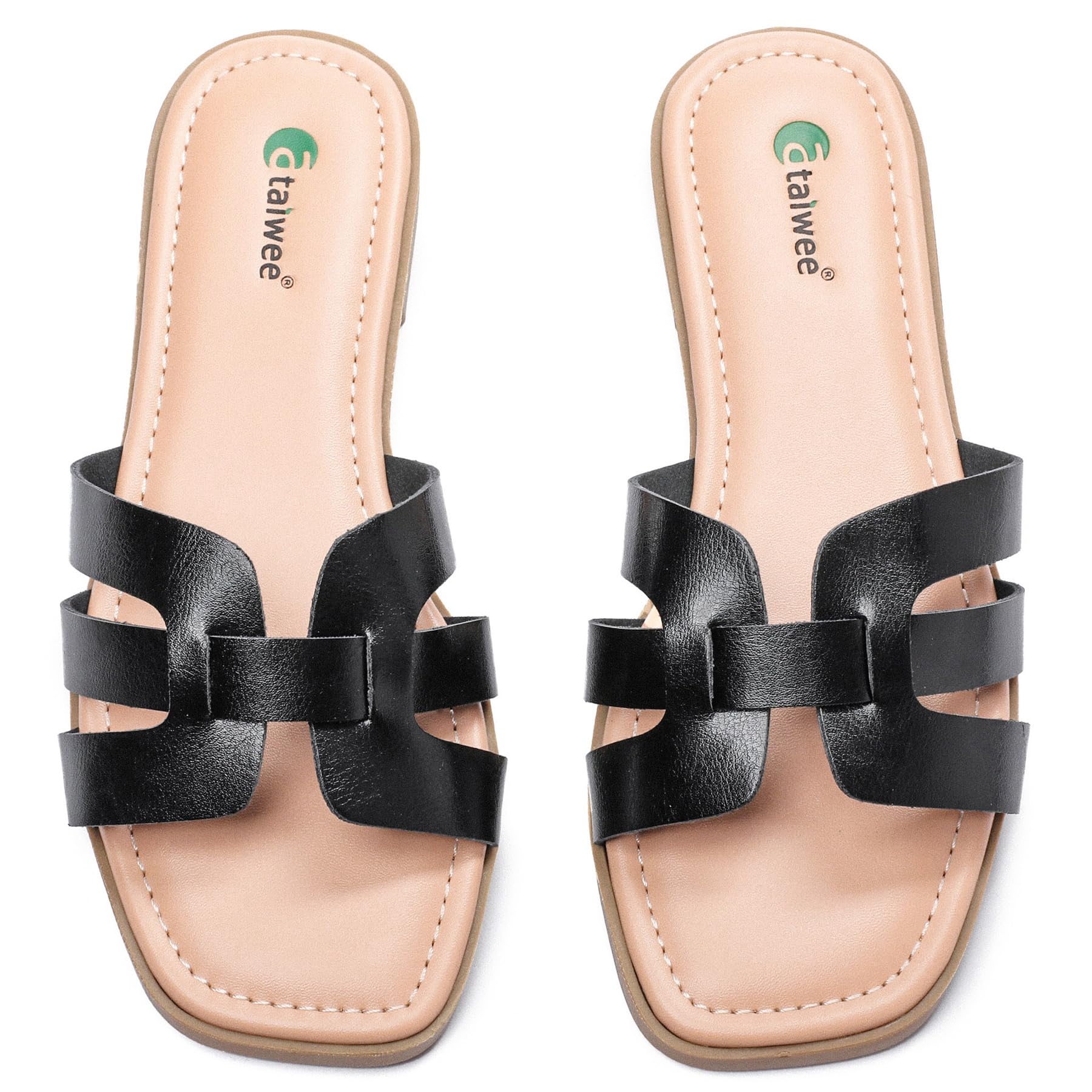 Ataiwee Damen Flache Sandalen für den Sommer - Bequeme Pantoletten aus Kunstleder,Elegante und Lässige Slip-on Pantoletten mit Offener Spitze, (2307018,Schwarz/MF,39 EU)