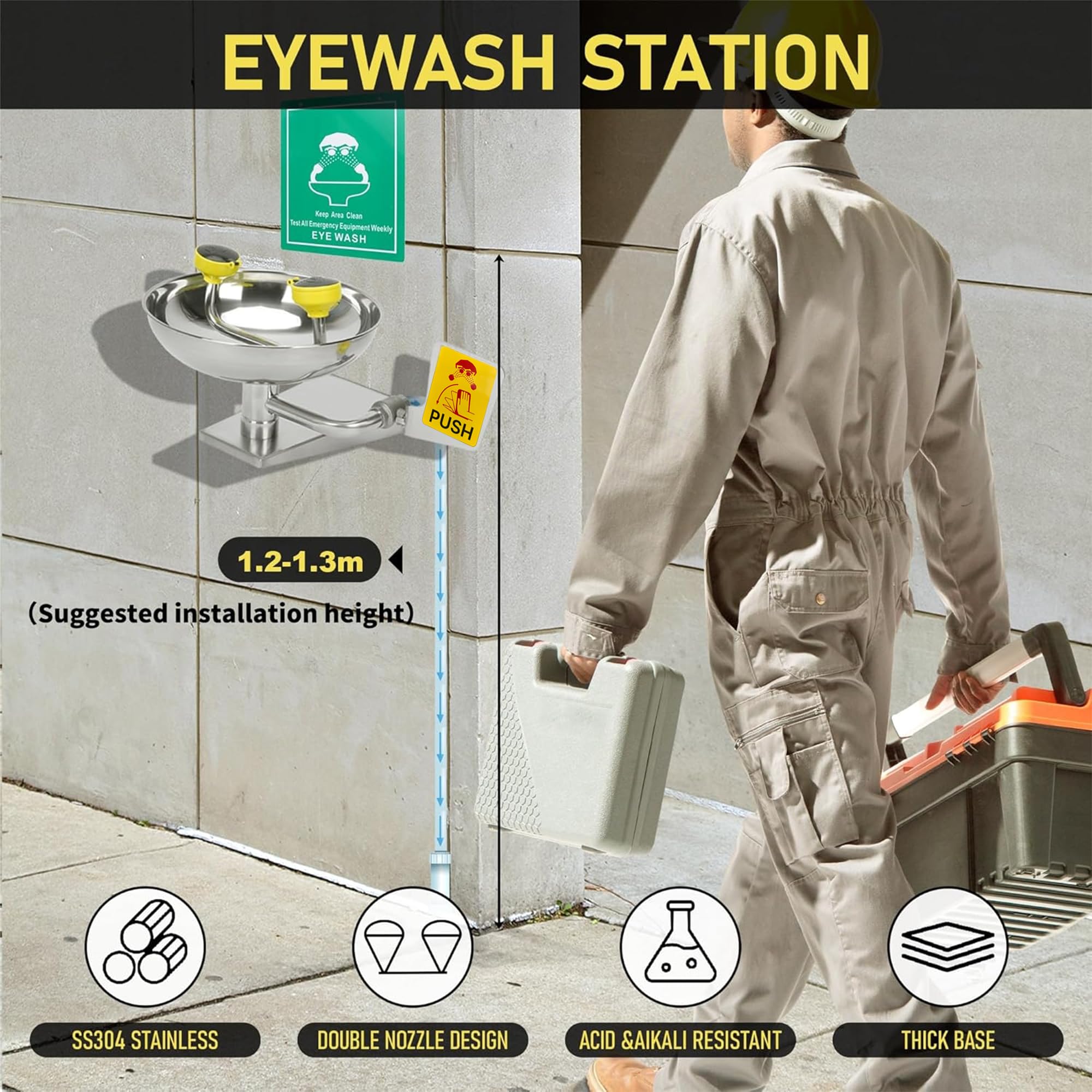 Lavabo de emergencia para montaje en pared, estación de lavado de ojos de doble boquilla, estación de lavado de ojos de acero inoxidable 304 para plantas químicas, fábrica, laboratorio, escuela (A)