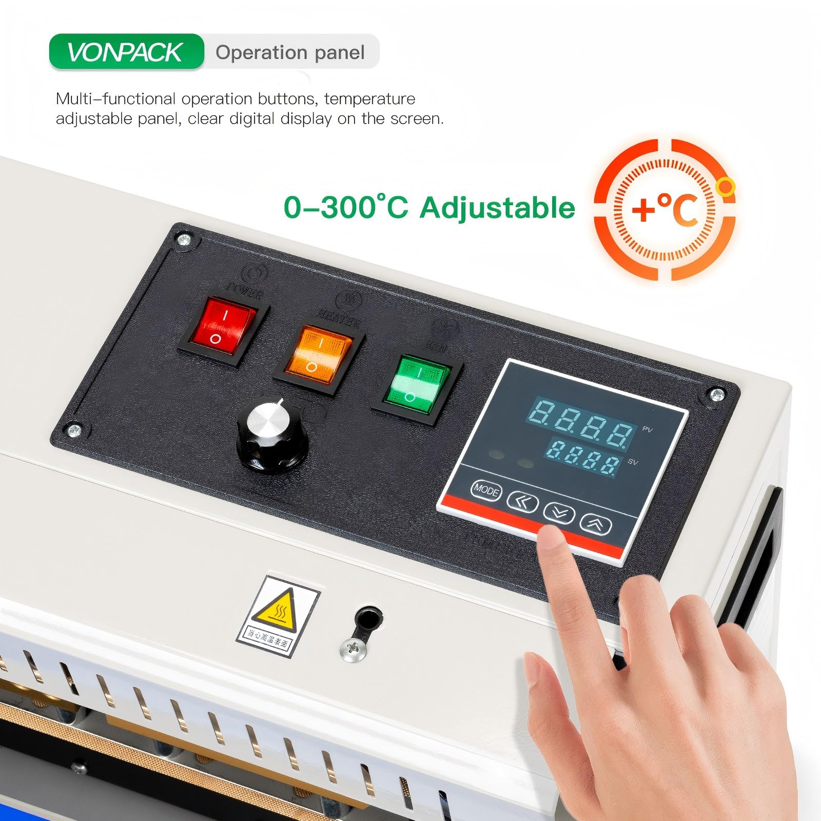 VONPACK FR-900 Máquina automática de sellado de banda continua, sellador de bolsas, fábrica industrial, máquina de embalaje de cocina, sellado térmico, control inteligente de temperatura ajustable