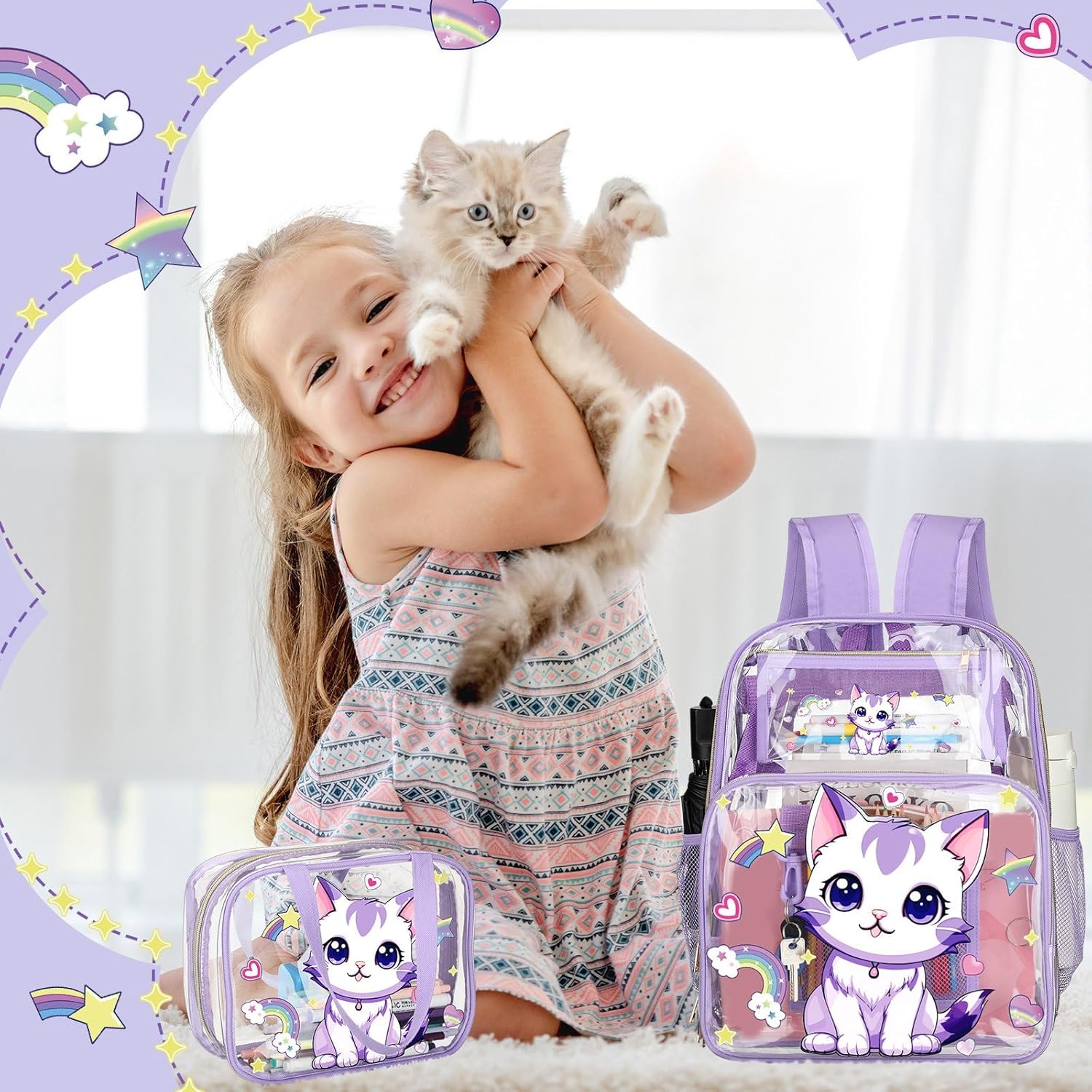 Kacctyen 3 Pcs Clear Backpack Heavy Duty Clear Stadium Bag Transparent Backpack with Lunch Bag(Purple,Cat)