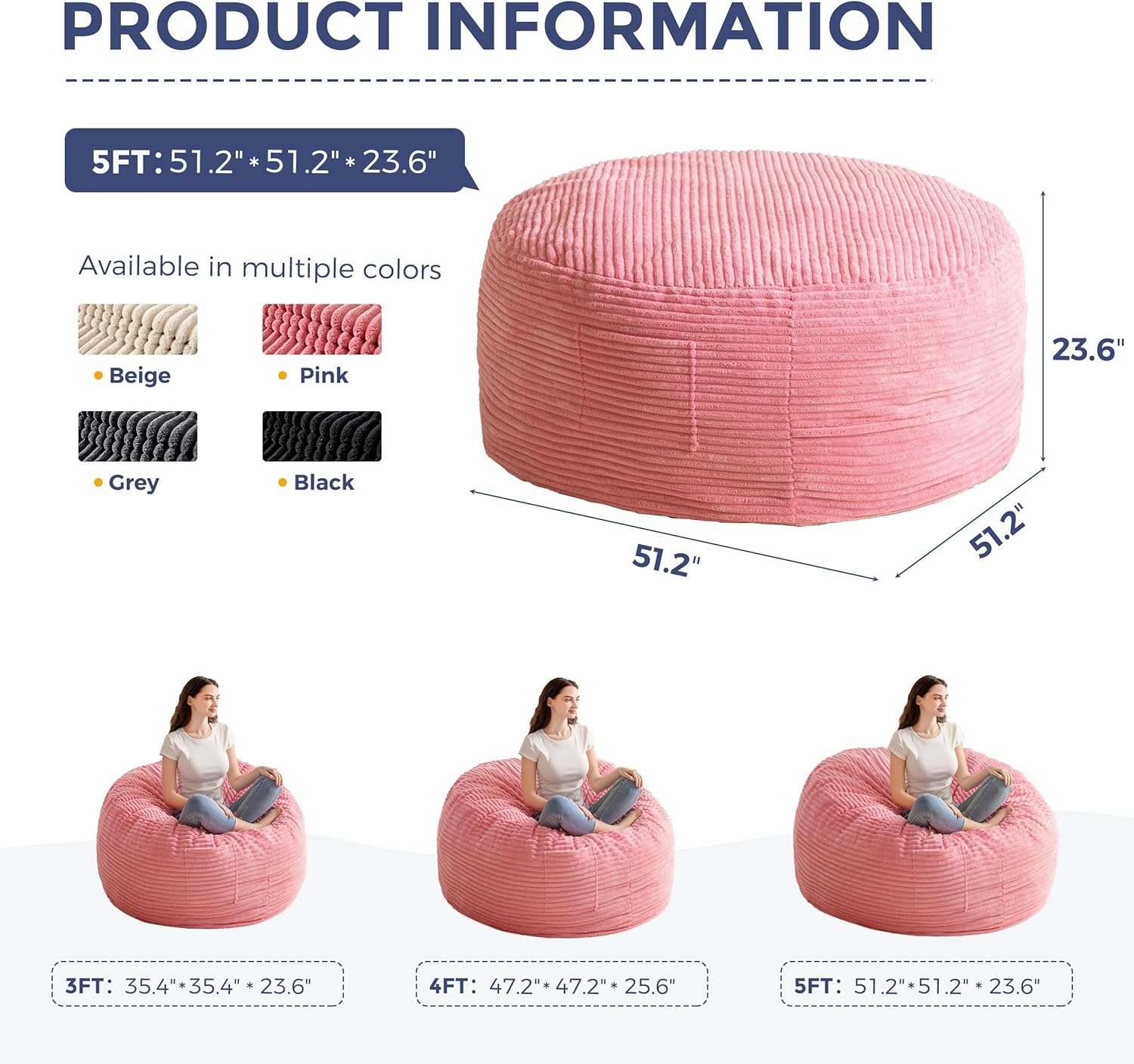 MAXYOYO Bean Bag Chair for Adults, Large 5 ft Bean Bag Chair with Foam Filling, Ultra Soft Fur Lazy Sofa for Living Room, Bedroom, Machine Washable Cover