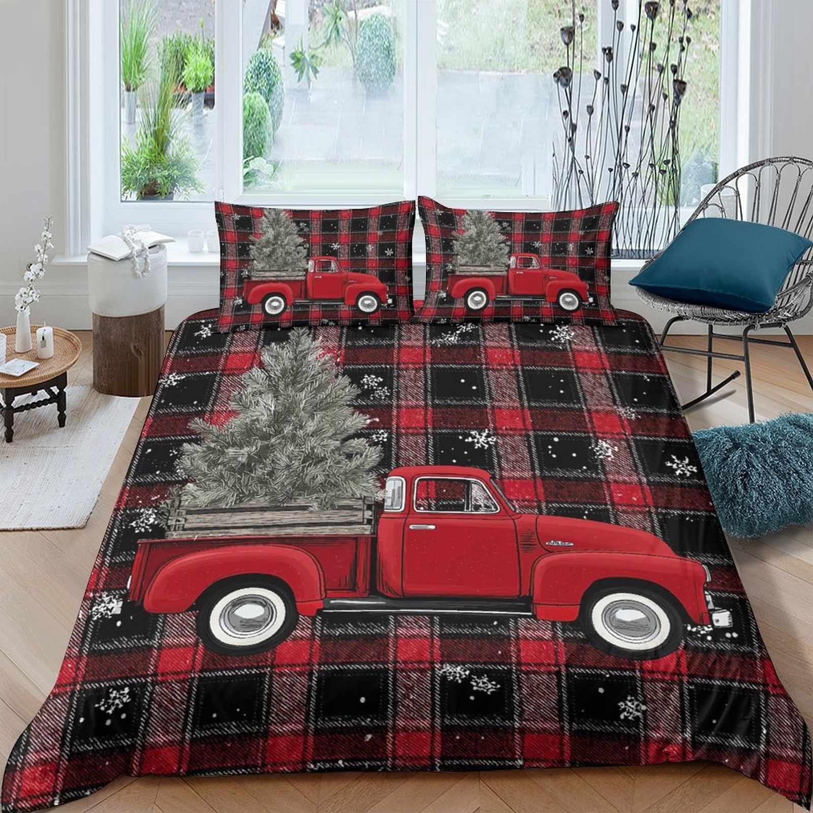 Ctjqhvkz Style-7 3D Printed Red Truck Christmas Fitted Sheet Microfiber Soft Breathable Pine Tree Bed Cover For Bedroom Guest Room Dorm Decor Single（135X200cm）