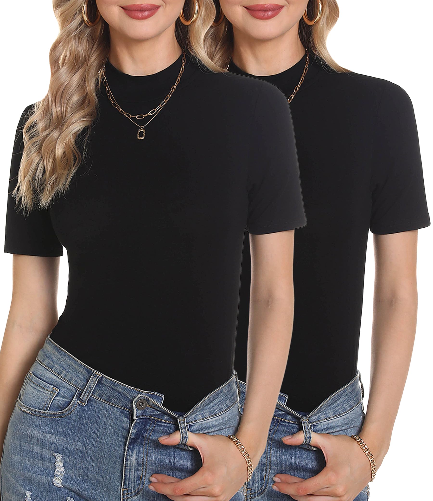 Totatuit Damen T-Shirt Stehkragen Shirt Rollkragen Kurzarm Top Basic Baumwolle Oberteile für Frühling und Sommer