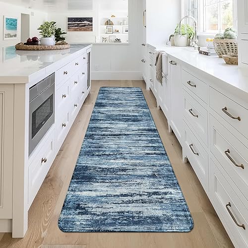 Miniatura 6 de Lahome Alfombra moderna antideslizante color degradado, 2 x 8 pies, resistente a las manchas, lavable, alfombra envejecida con estampado azul para