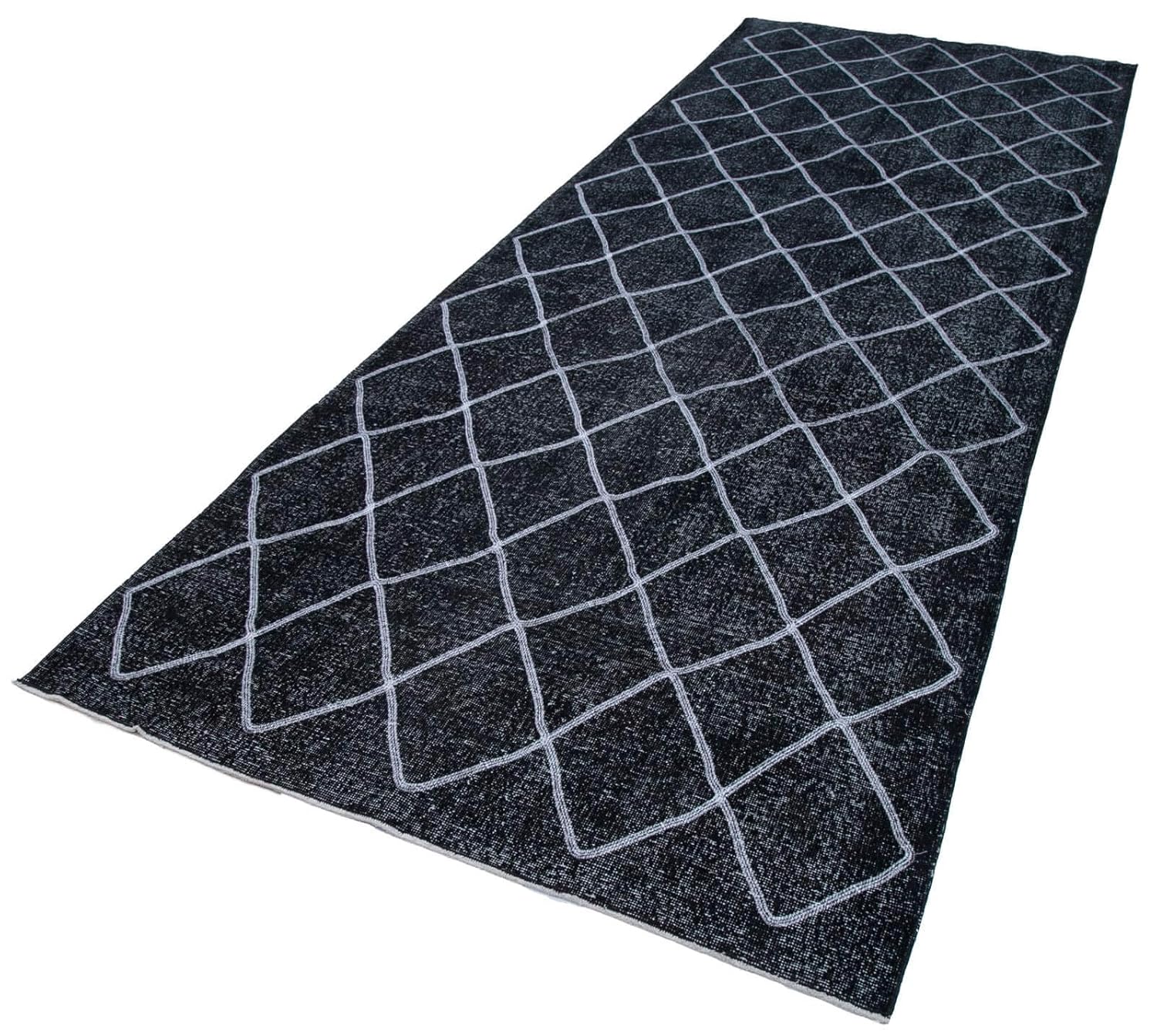 411 x 138 - 150 x 416 Cm Geometric Carpet Black Geometric Bohemian Wool Cotton Handmade Handknotted Vintage
