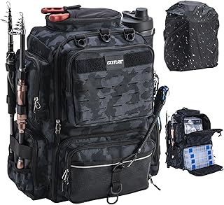 Goture Fishing Backpack with Two Rod Holders & Rain Cover, Water-Resistant Fishing Tackle Bag with Adjustable Compartment & 8 Lure Bag, 45L Fishing Tackle Backpack, Fishing Gifts for Men, Camo