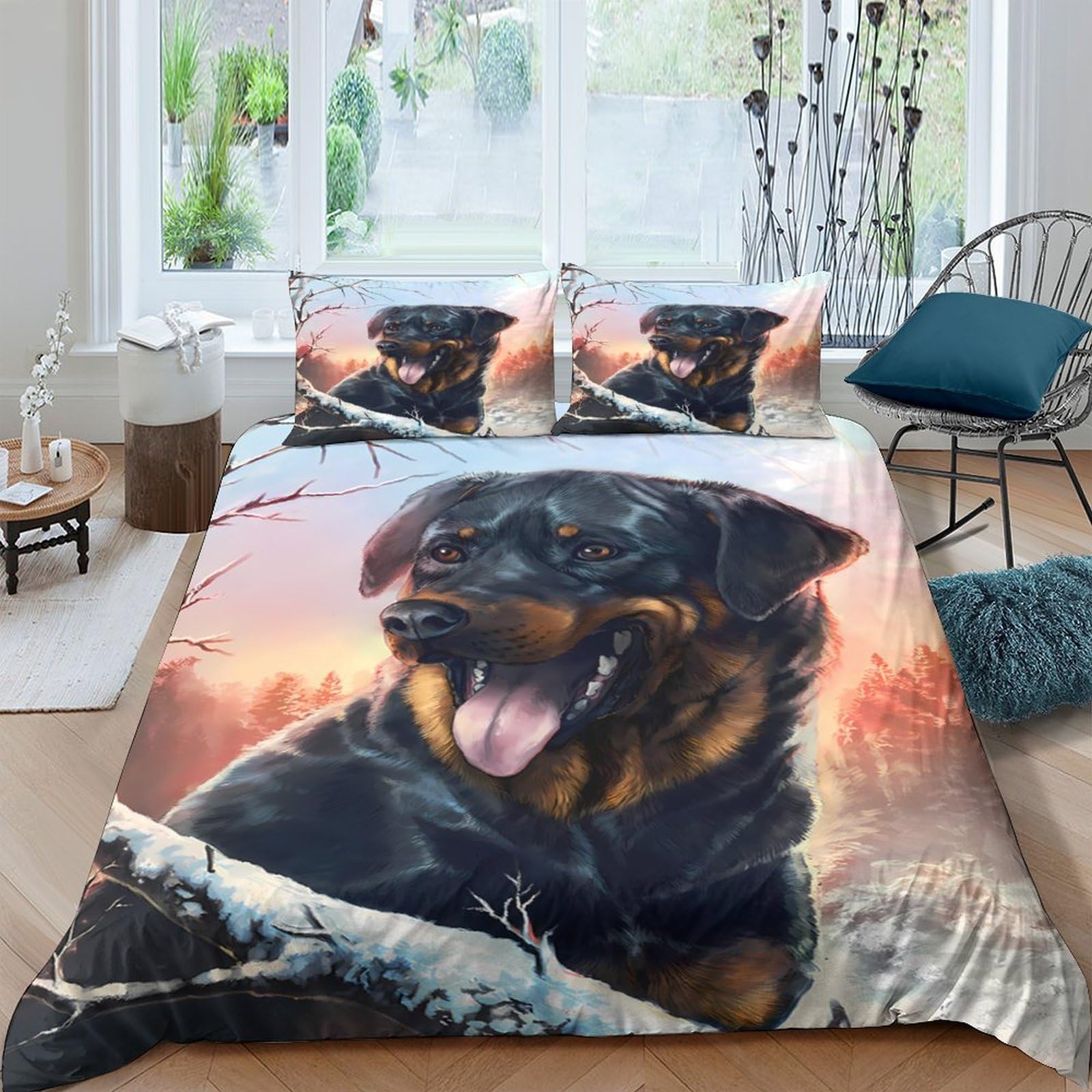 Ctjqhvkz Style-9 3D Printed Rottweiler Dog Fitted Sheet Microfiber Soft Black Animal Bed Cover For Bedroom Guest Room Decor Single（135X200cm）