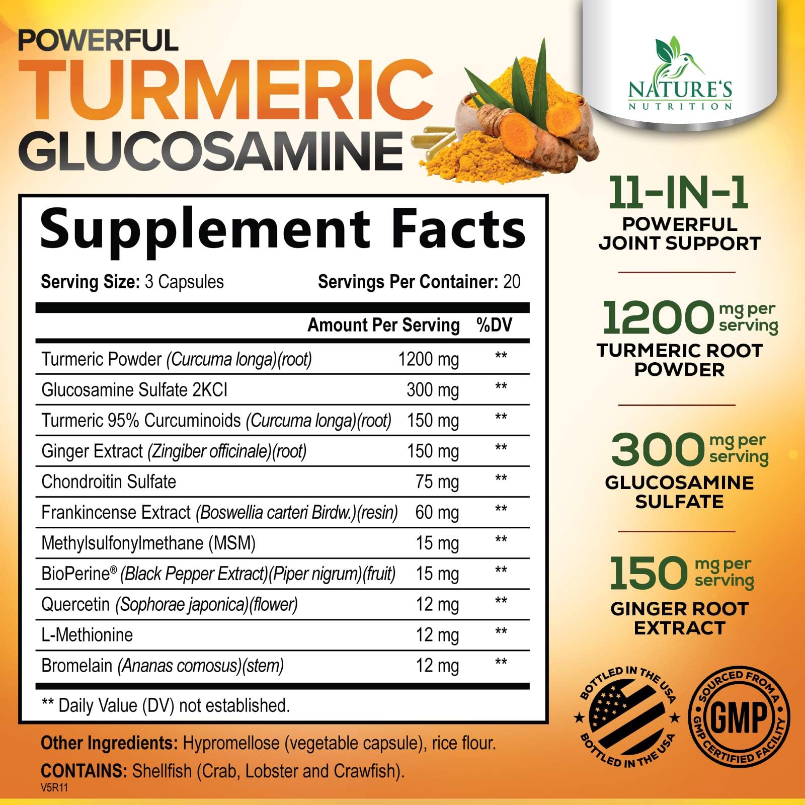 Turmeric Curcumin Supplement - 95% Curcuminoids with Glucosamine, Ginger & MSM, BioPerine Black Pepper Extract for Best Absorption, Natural Vegan Joint Support, Non-GMO, Bottled in USA - 60 Capsules — Amazon image 2
