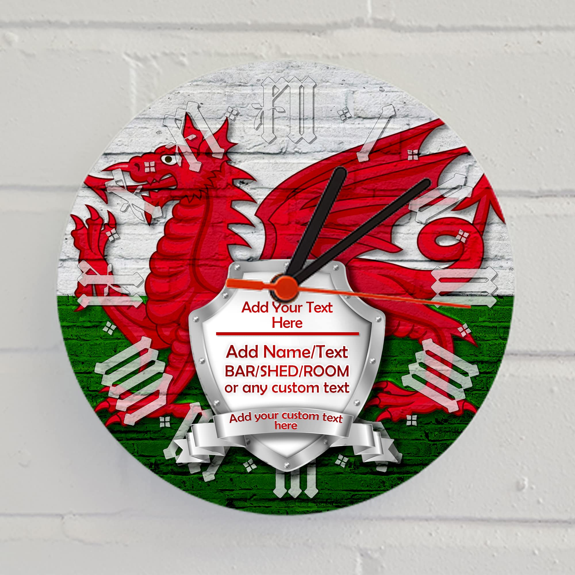 ShopQuality4U Personalised Welsh Shield Round Glass Clock 30cm (11.8")