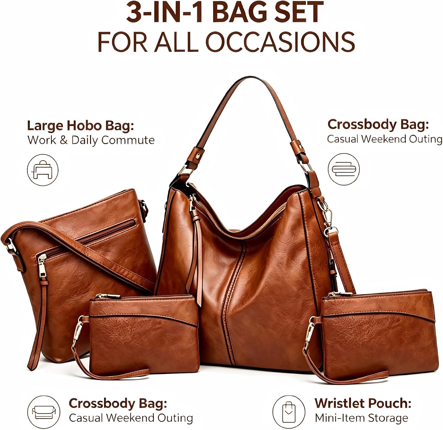 Luxury Leather Women's Hobo Anti Theft Handbag 3-Piece Bag Set