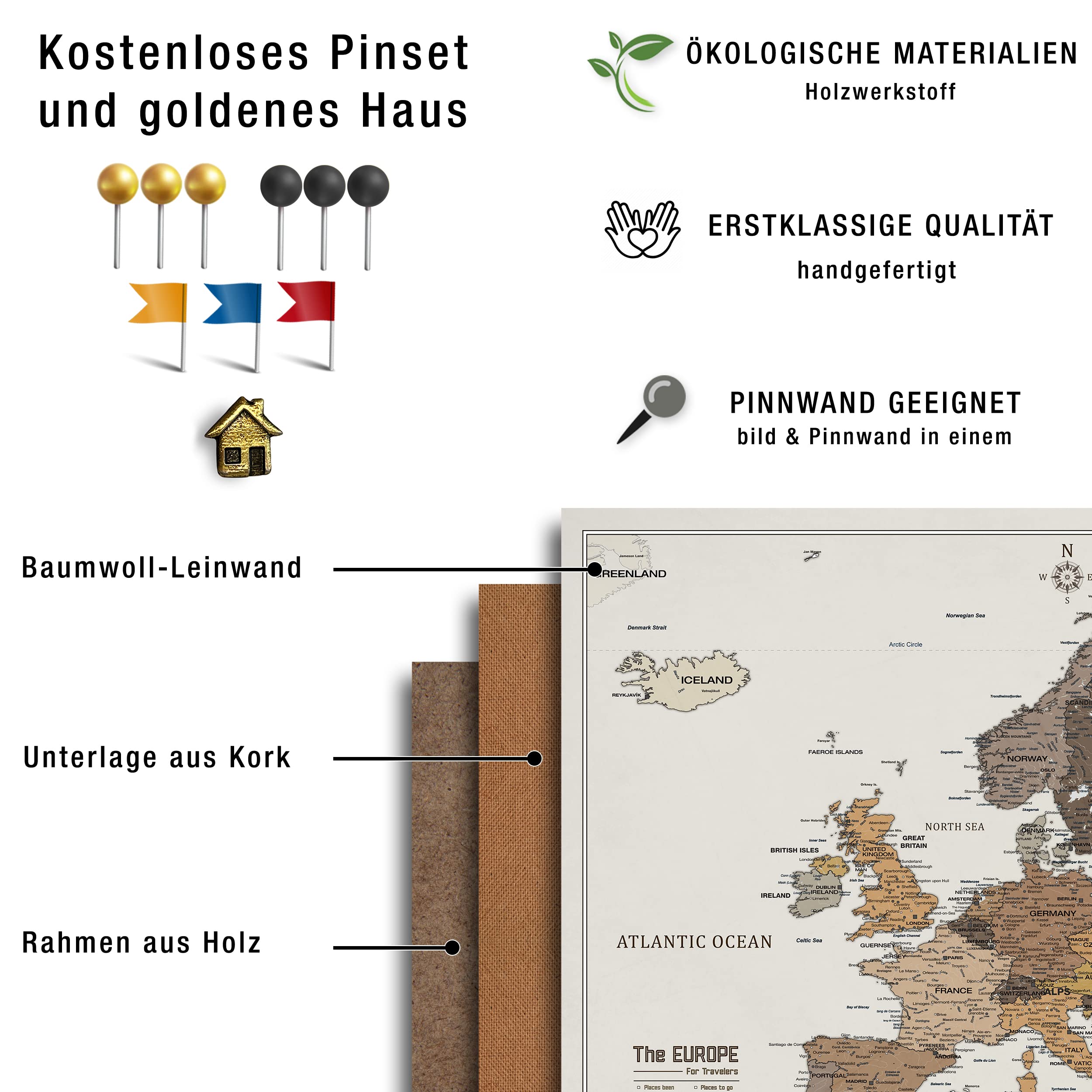 Płócienna mapa Europy z korkiem do przypinania celów podróżnych, dekoracja ścienna do każdego pomieszczenia, wysokiej jakości obrazy na płótnie z mapą Europy, w różnych rozmiarach (55 x 40 cm, wzór 4)