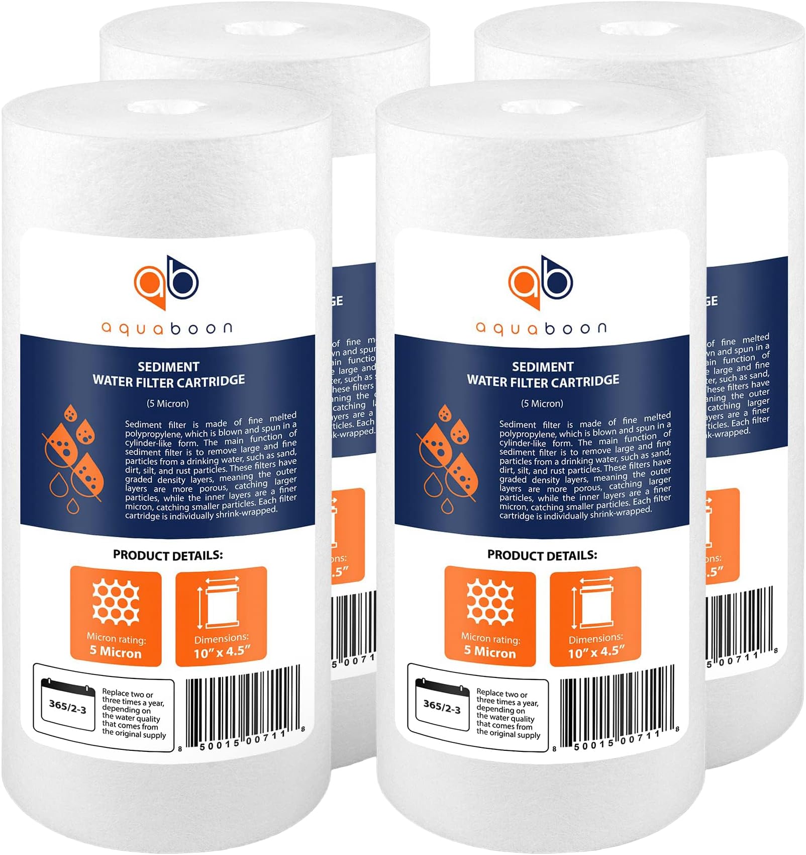 Aquaboon 5 Micron 10 x 4.5 Well Water Sediment Filter Replacement Whole House Water Filter Cartridge Compatible with DGD-5005, WFHD13001B, 4-Pack