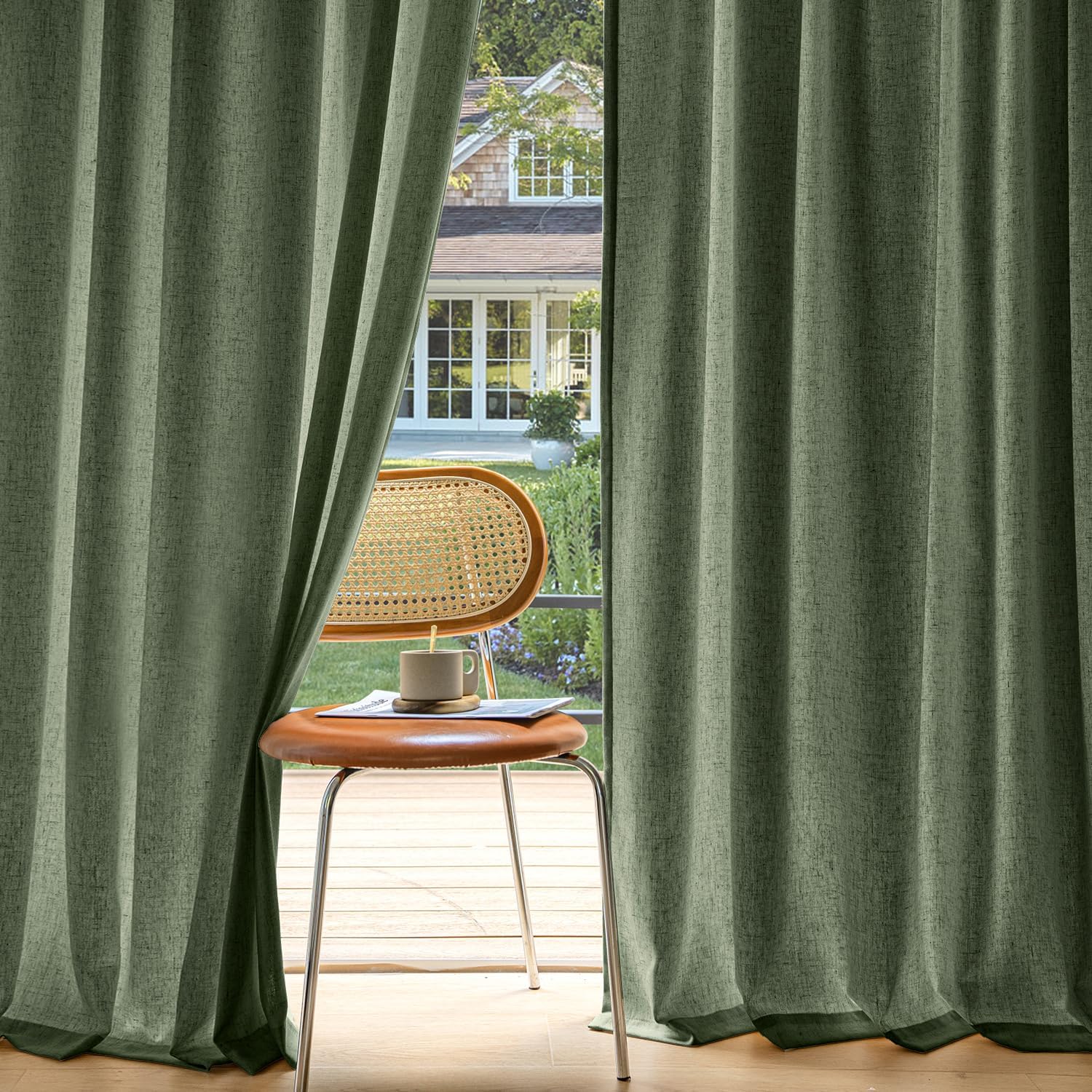 MIULEE Non-See-Through Privacy Linen Curtains 2 Panels, Olive Green Light Filtering Window Curtains Farmhouse Textured Back Tab Semi Sheer Drapes for Bedroom Living Room 84 Inches Long Dark Green 52"W x 84"L (Pack of 2) Olive Green