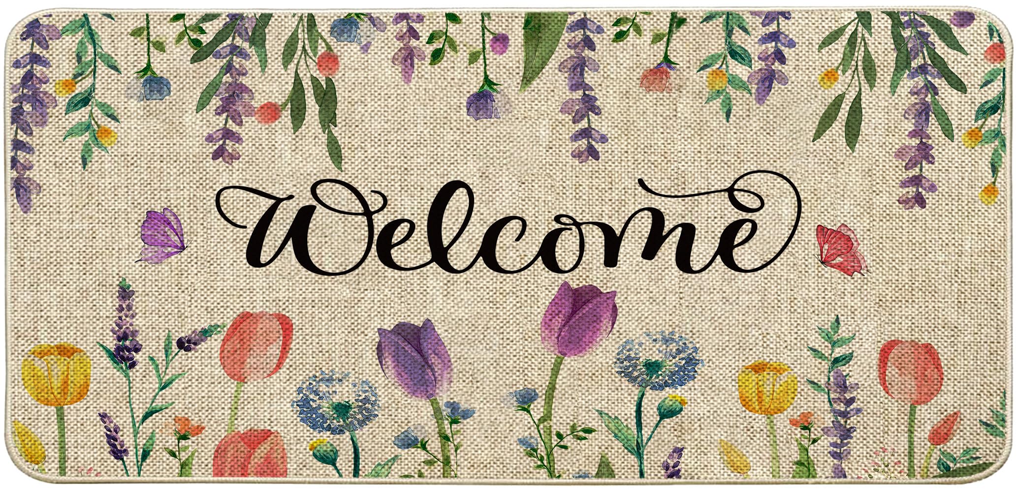 ORTIGIA Welcome Spring Tulip Lavender Doormat Indoor Outdoor Patio Seasonal Flower Floral Door Mats Non-Slip Durable Entrance Mat for Home Entrance,