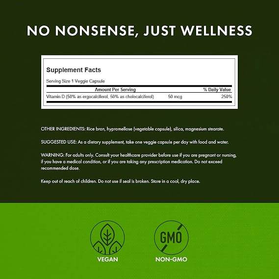 Swanson D2 & D3-2,000 IU - Dental & Bone Health Supplement - Offers Immune Support - Aids Calcium Absorption - Non-GMO - 60 Veggie Capsules