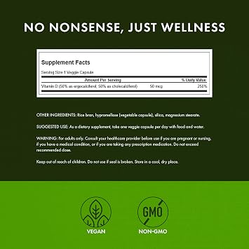 Swanson D2 & D3-2,000 IU - Dental & Bone Health Supplement - Offers Immune Support - Aids Calcium Absorption - Non-GMO - 60 Veggie Capsules