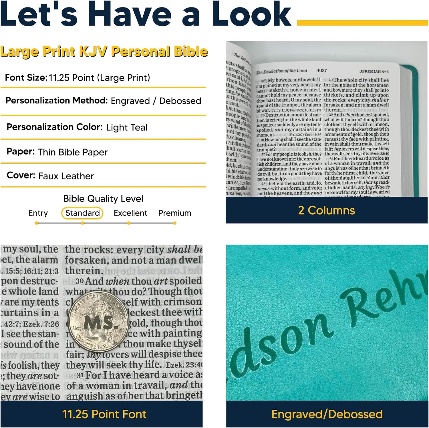 Personalized KJV Reference Holy Bible Teal Faux Leather Large Print Size | Custom with 1 Row of Text | Gift for Christian & Religious Celebrations