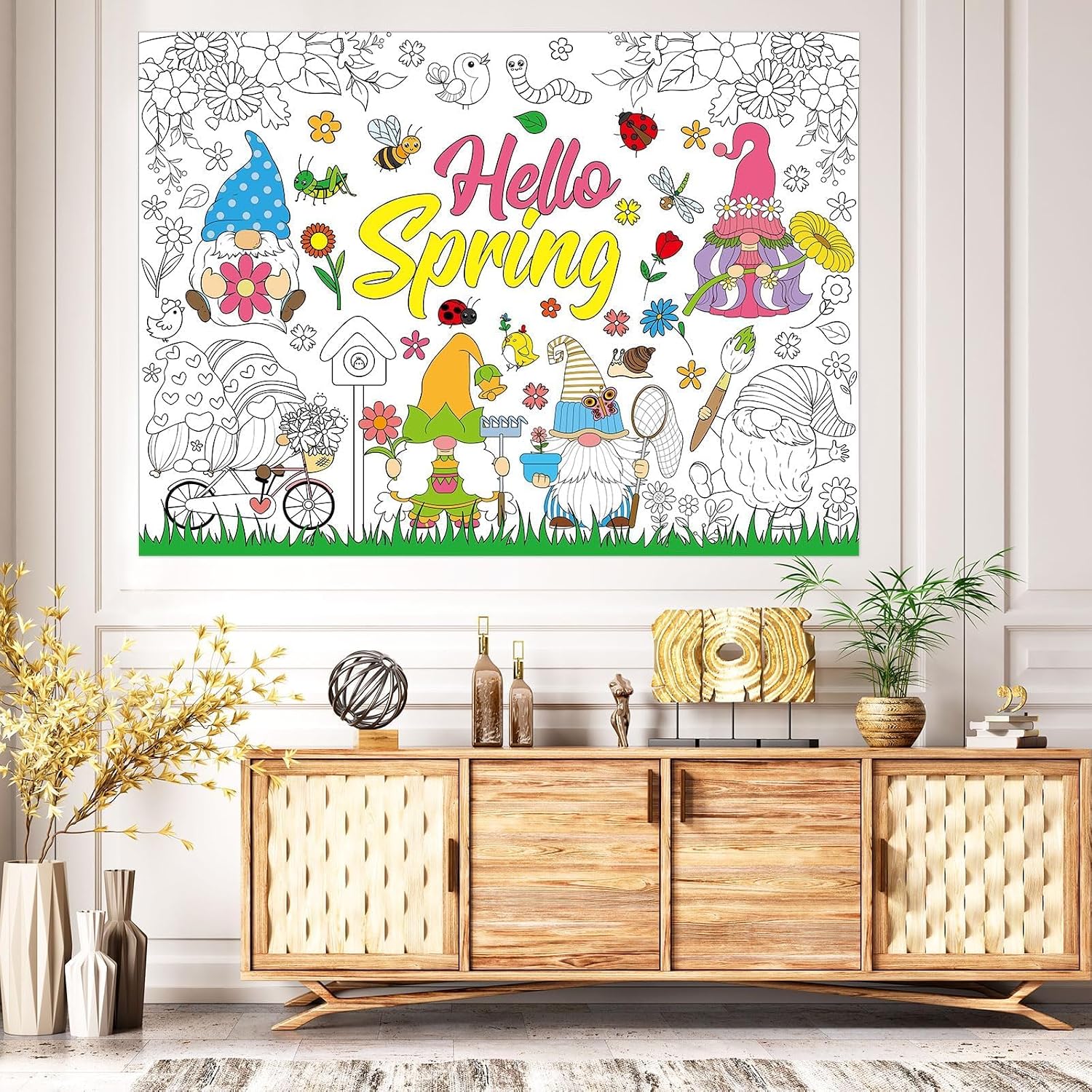 Naozinebi Hello Spring Coloring Poster for Kids Giant Coloring Poster Large Spring Gnome Coloring Tablecloth Jumbo Coloring Books for Classroom Home Birthday Party Supplies Favor