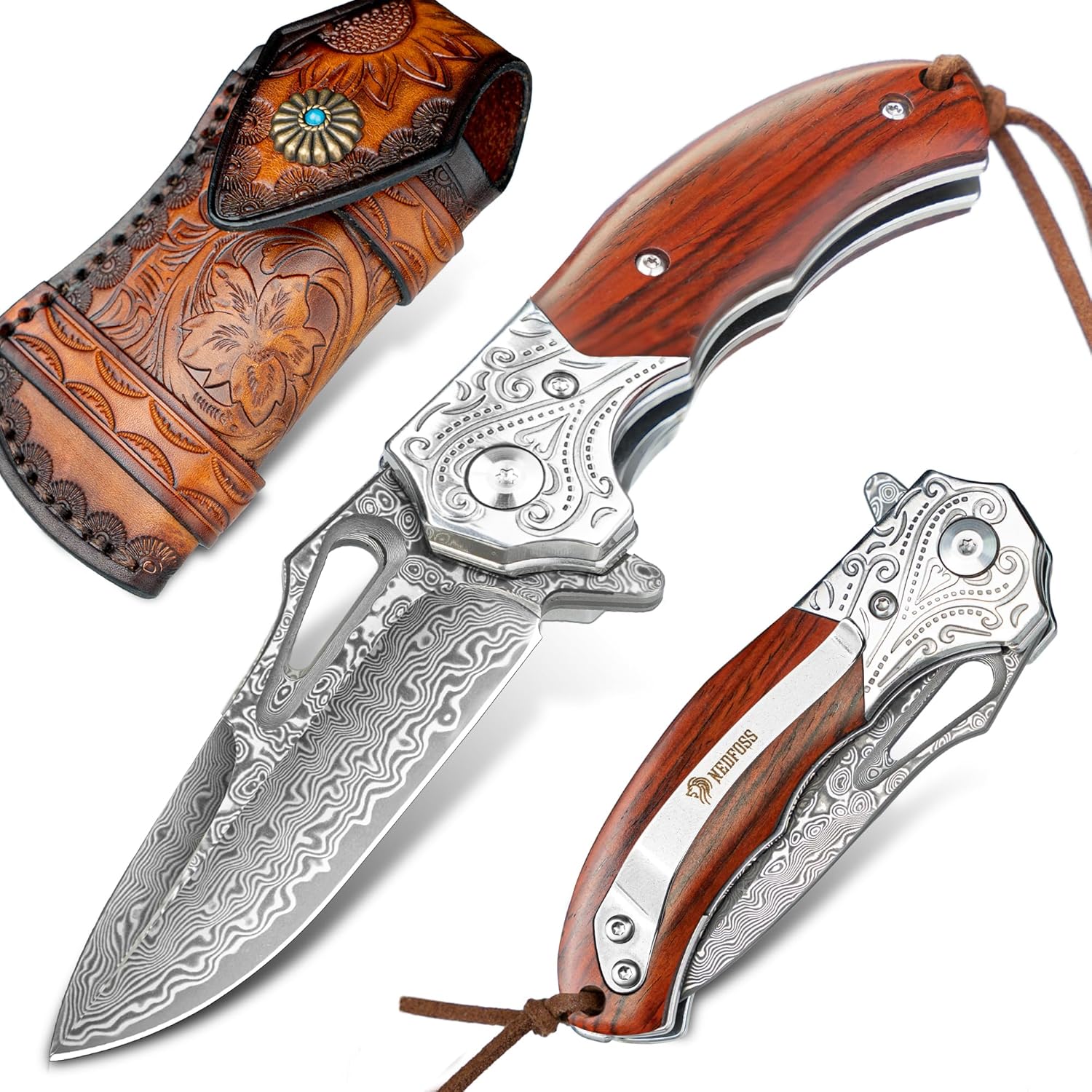 NedFoss Damascus Pocket Knife for Men, 2.75" Handmade Forged VG10 Damascus Steel Folding Knife with Retro Leather Sheath, Pocket Clip, Sandalwood Handle, EDC Cool Knives for Mens Gift